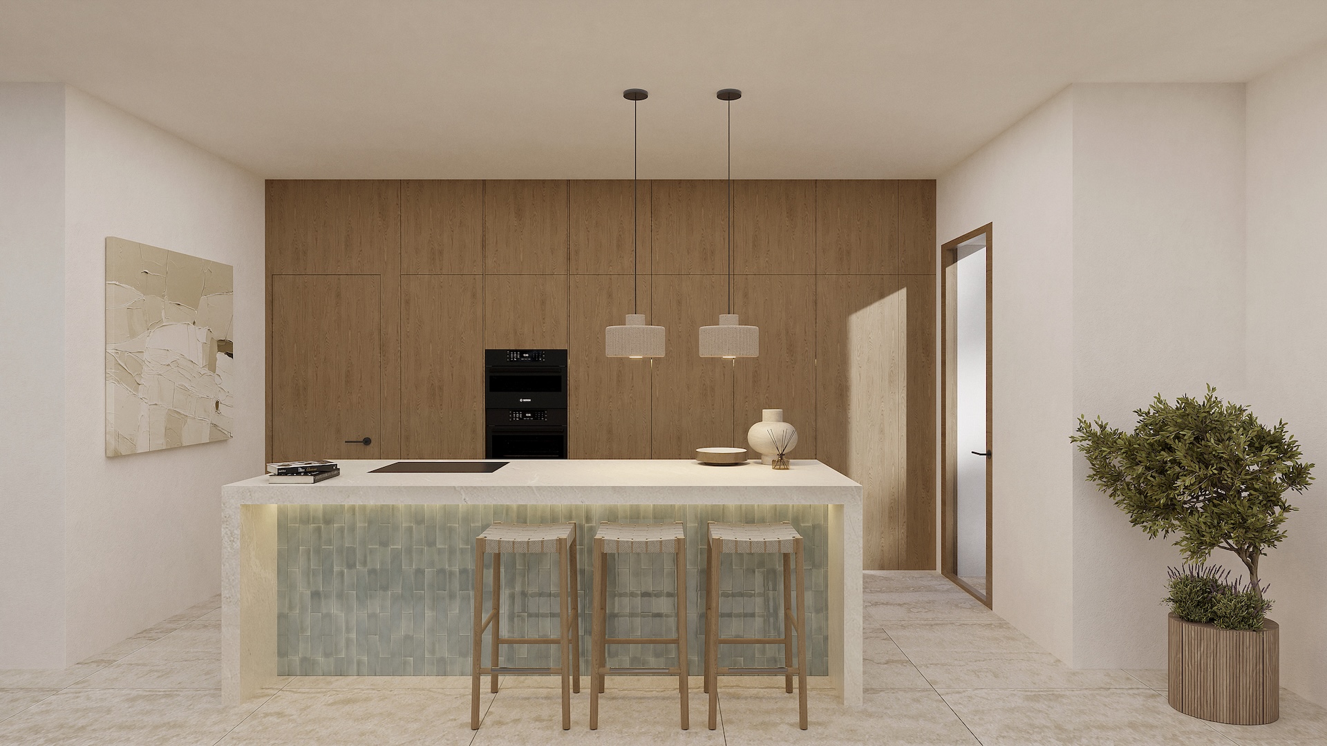 Designerküche mit zentraler Kochinsel, weißen Steinplatten und Holzbarhockern. Die Rückwand besticht durch raumhohe Holzpaneele und integrierte Einbaugeräte.