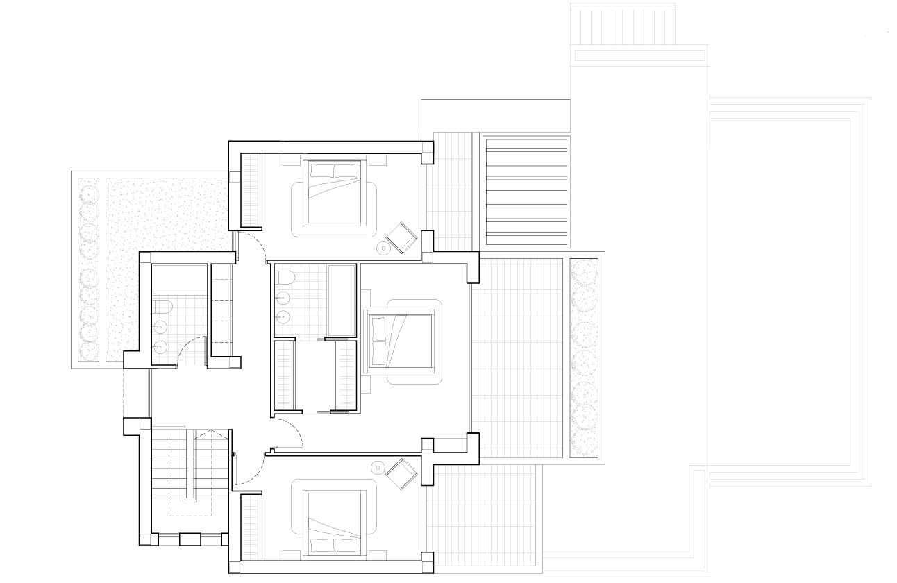 Detaillierter Grundriss des Obergeschosses mit Darstellung der drei Schlafzimmer, En-Suite-Badezimmer und großzügigen Terrassenflächen.