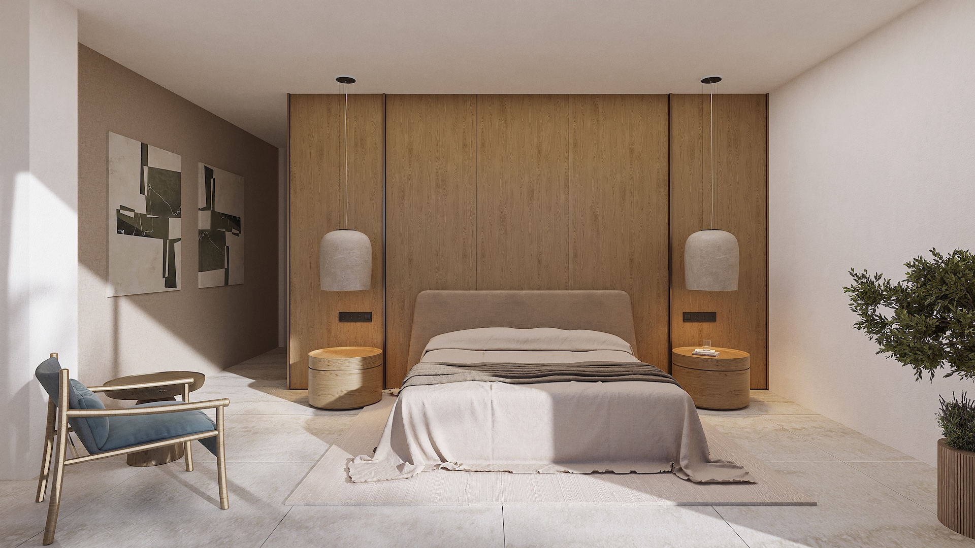 Hauptschlafzimmer mit einer Wandverkleidung aus Naturholz, Designer-Pendelleuchten, runden Nachttischen und Steinboden.