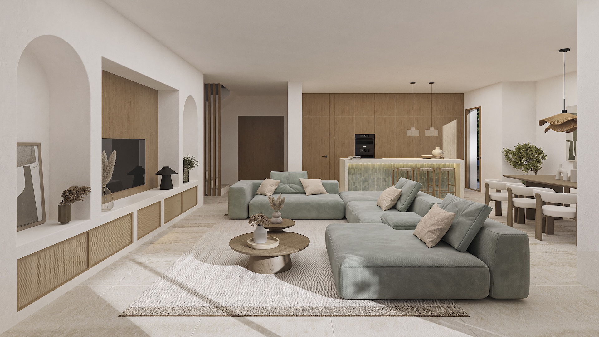 Offener Wohnbereich mit modularem Sofa, integrierten Rundbogennischen und fließendem Übergang zur modernen Designerküche mit Holzfronten.