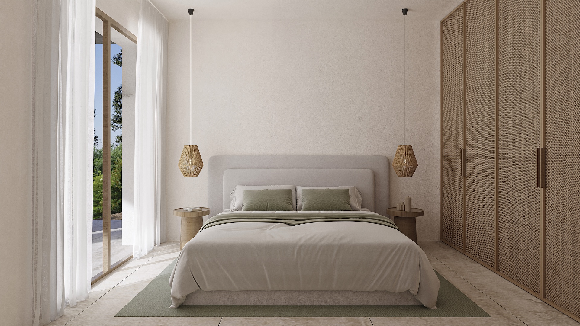 Schlafzimmer im ibizenkischen Stil mit Einbauschränken aus Naturfasern, Korbleuchten und bodentiefen Fenstern mit direktem Zugang zur Terrasse.