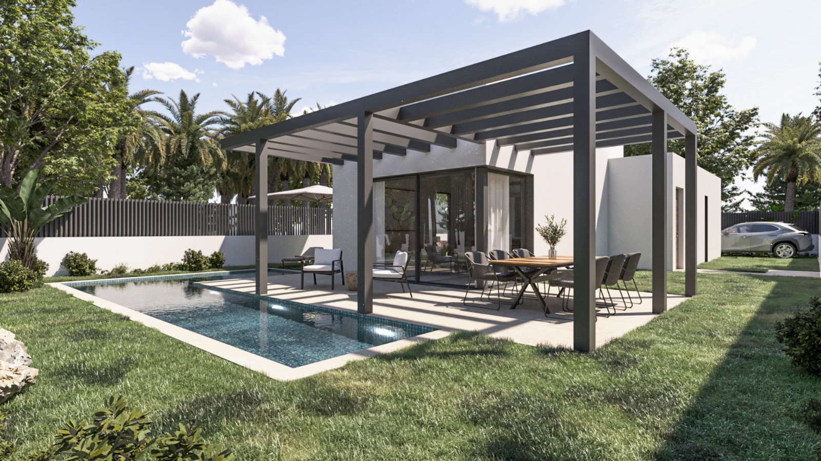 Außen-Terrasse mit anthrazitfarbener Aluminium-Pergola, Essbereich und privatem Pool, umgeben von einer gepflegten Rasenfläche und Palmen.