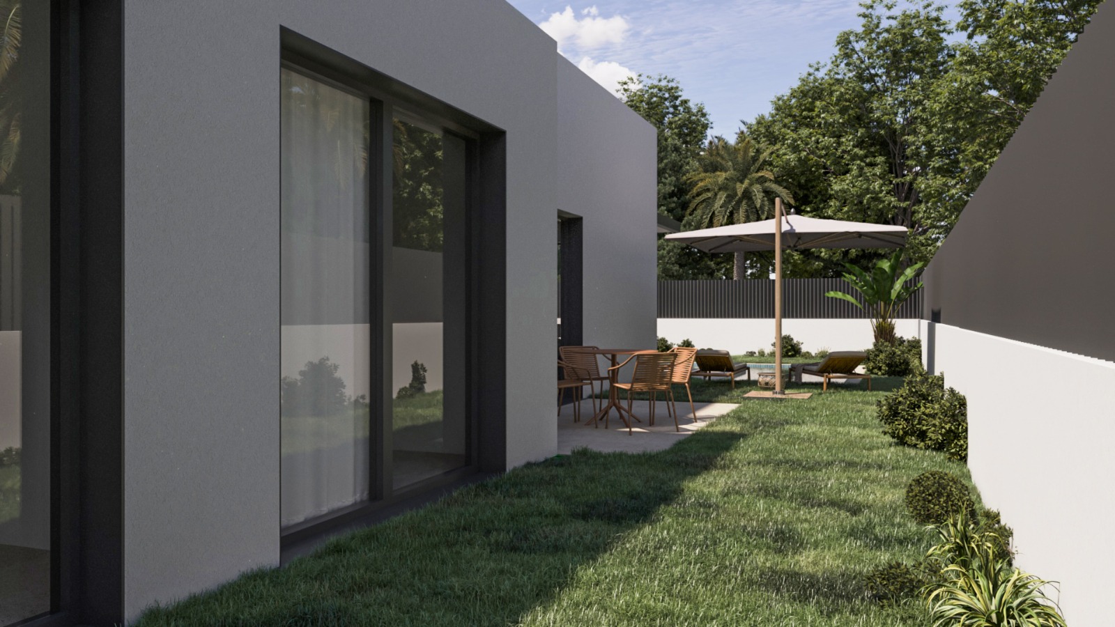 Außenansicht der Villa mit minimalistischer Fassade, großen Glasfronten und privatem Garten mit gepflasterter Terrasse, Essbereich und Sonnenliegen.