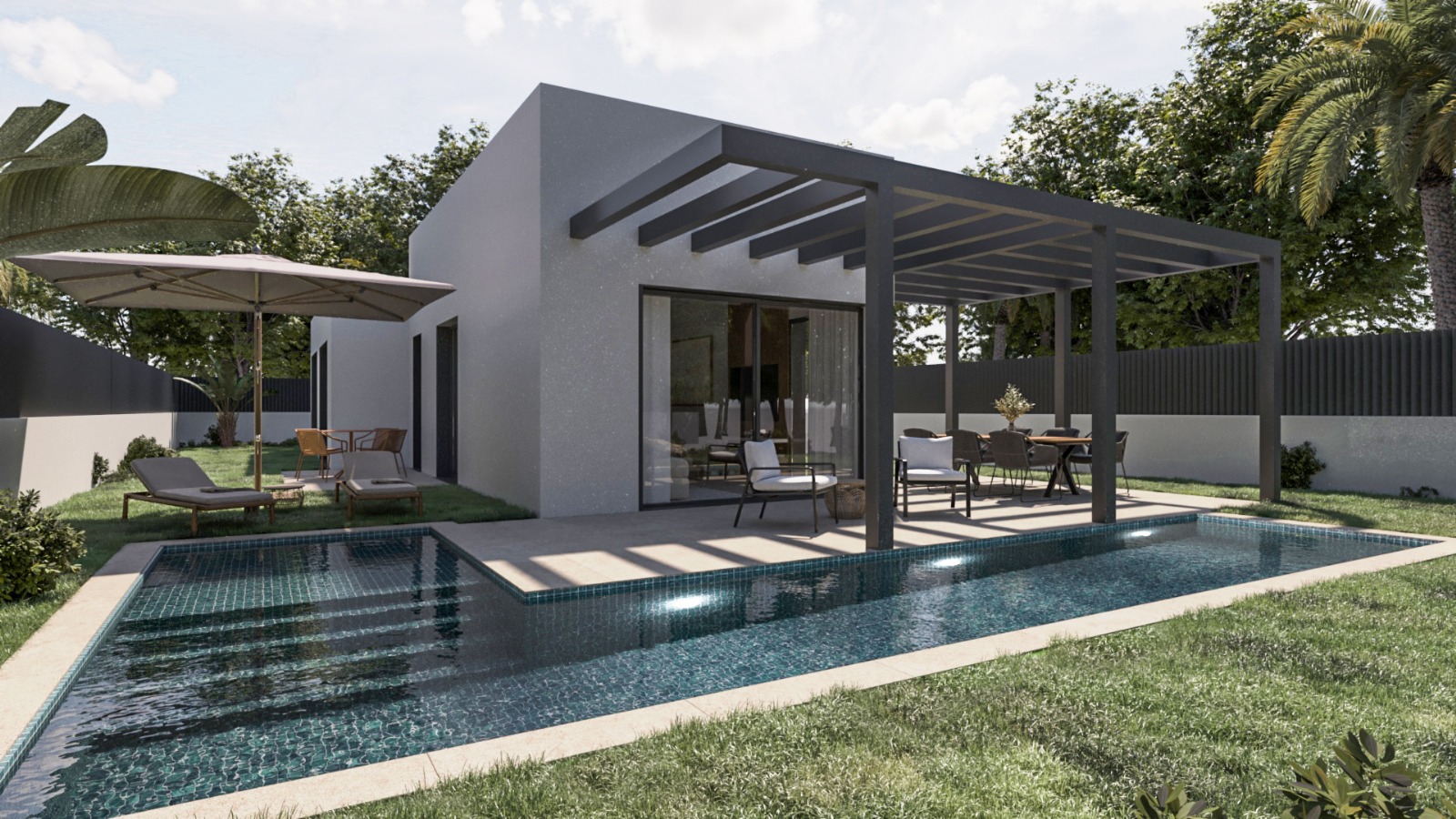 Außenansicht mit L-förmigem Pool, dunkler Metallpergola für den Essbereich und minimalistischer grauer Architektur inmitten einer gepflegten Rasenfläche.