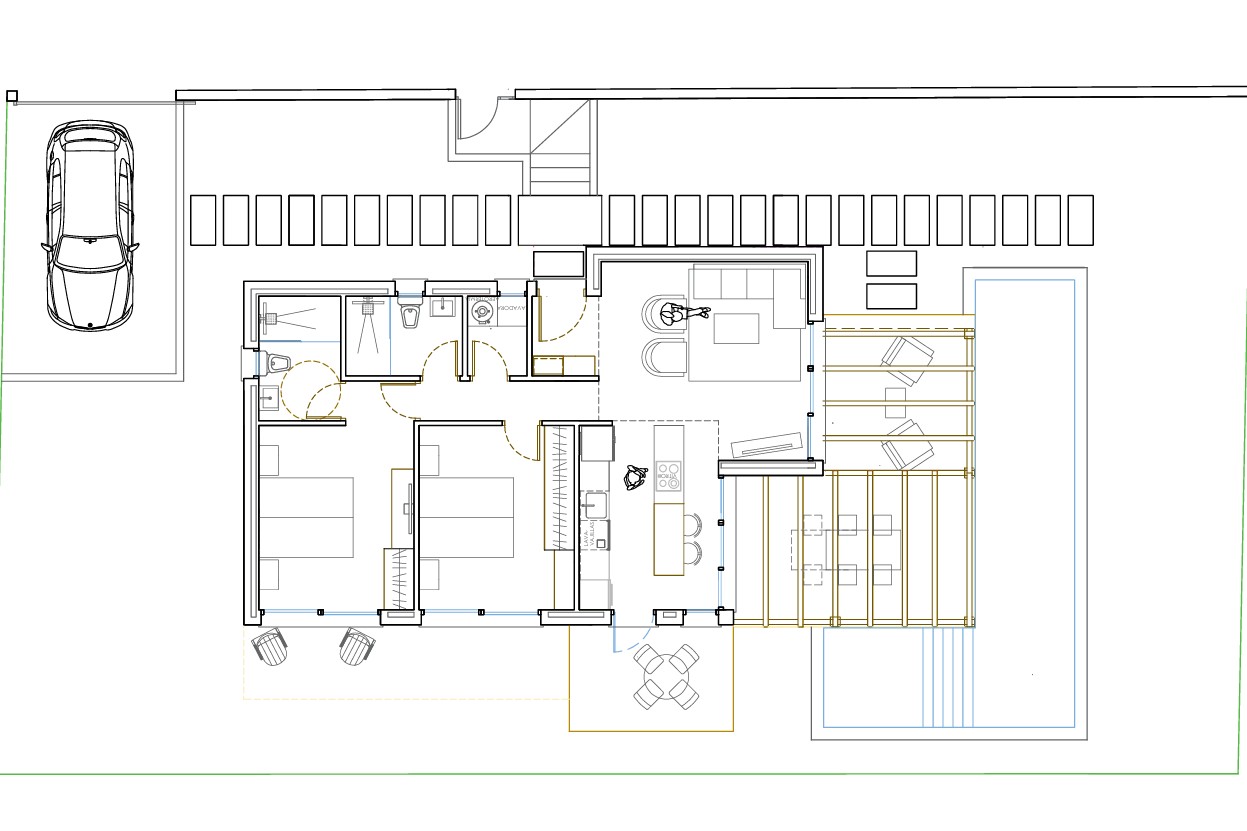 Detaillierter Grundriss des Modells Tiny mit zwei Schlafzimmern, zwei Badezimmern, offener Küche mit Insel sowie Außenterrasse mit Pergola und Pool.