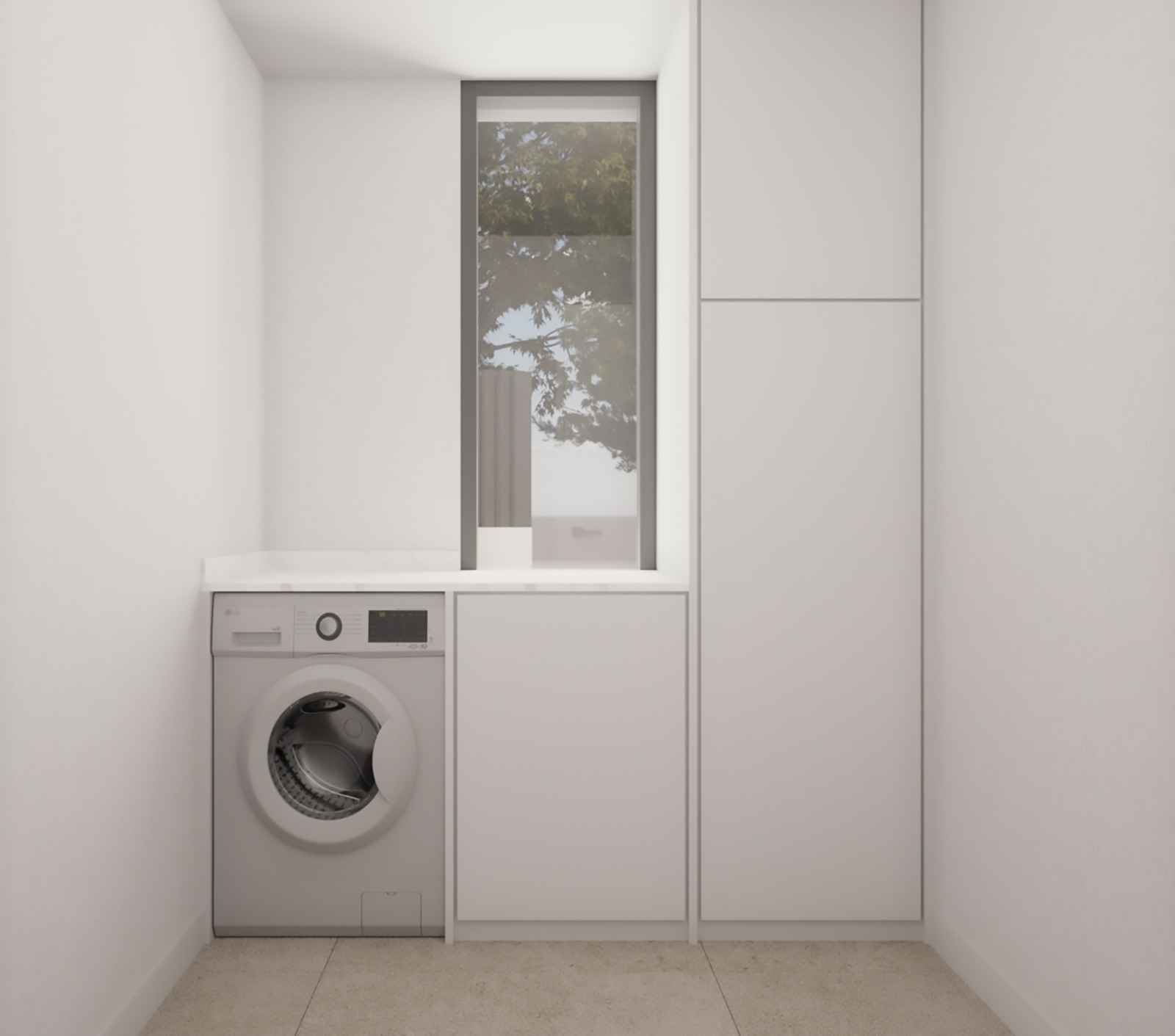 Funktionaler Hauswirtschaftsraum mit minimalistischen weißen Schränken, integrierter Waschmaschine und einem vertikalen Fenster für natürliches Licht.