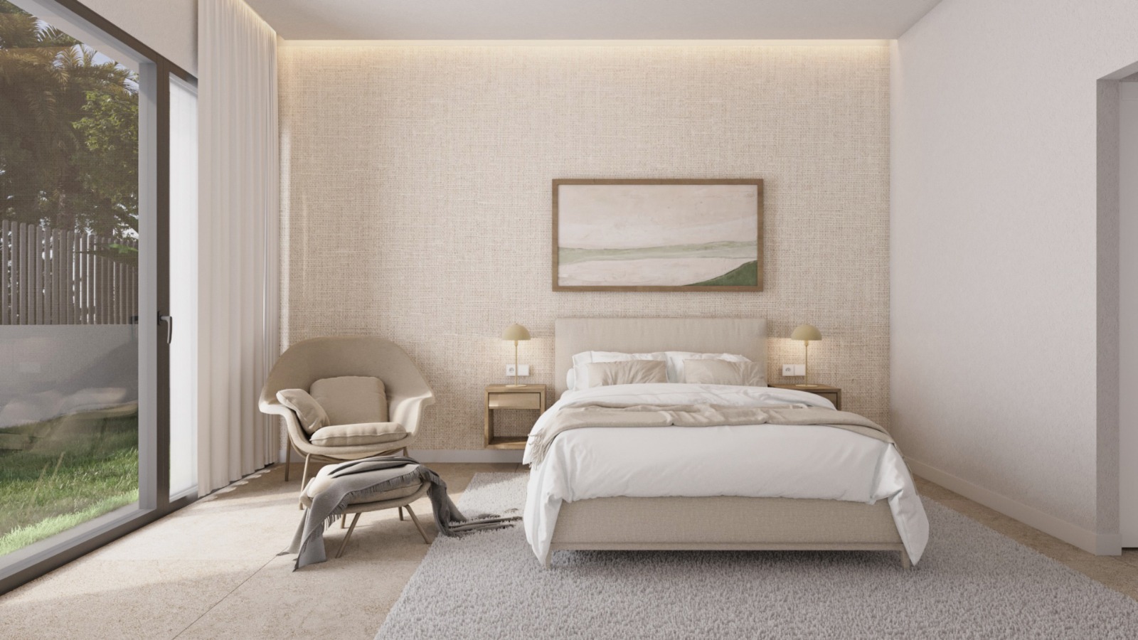 Hauptschlafzimmer mit strukturierter Akzentwand, indirekter Deckenbeleuchtung und bodentiefen Glasschiebetüren zum Gartenbereich.