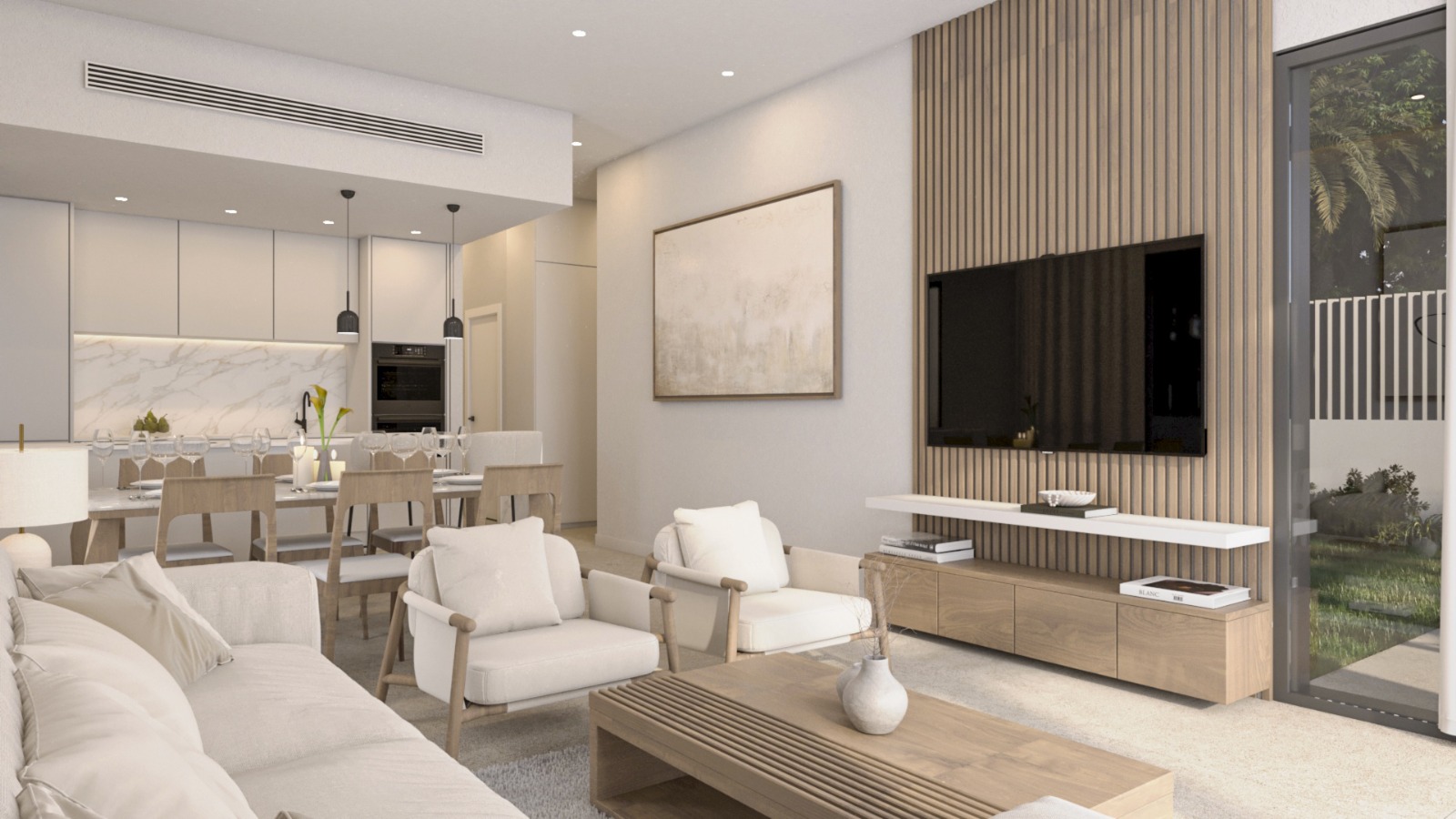 Offener Wohn- und Essbereich mit TV-Wand aus Holzlamellen, integrierter Designerküche mit Marmorrückwand und direktem Zugang zum Garten durch Glasschiebetüren.