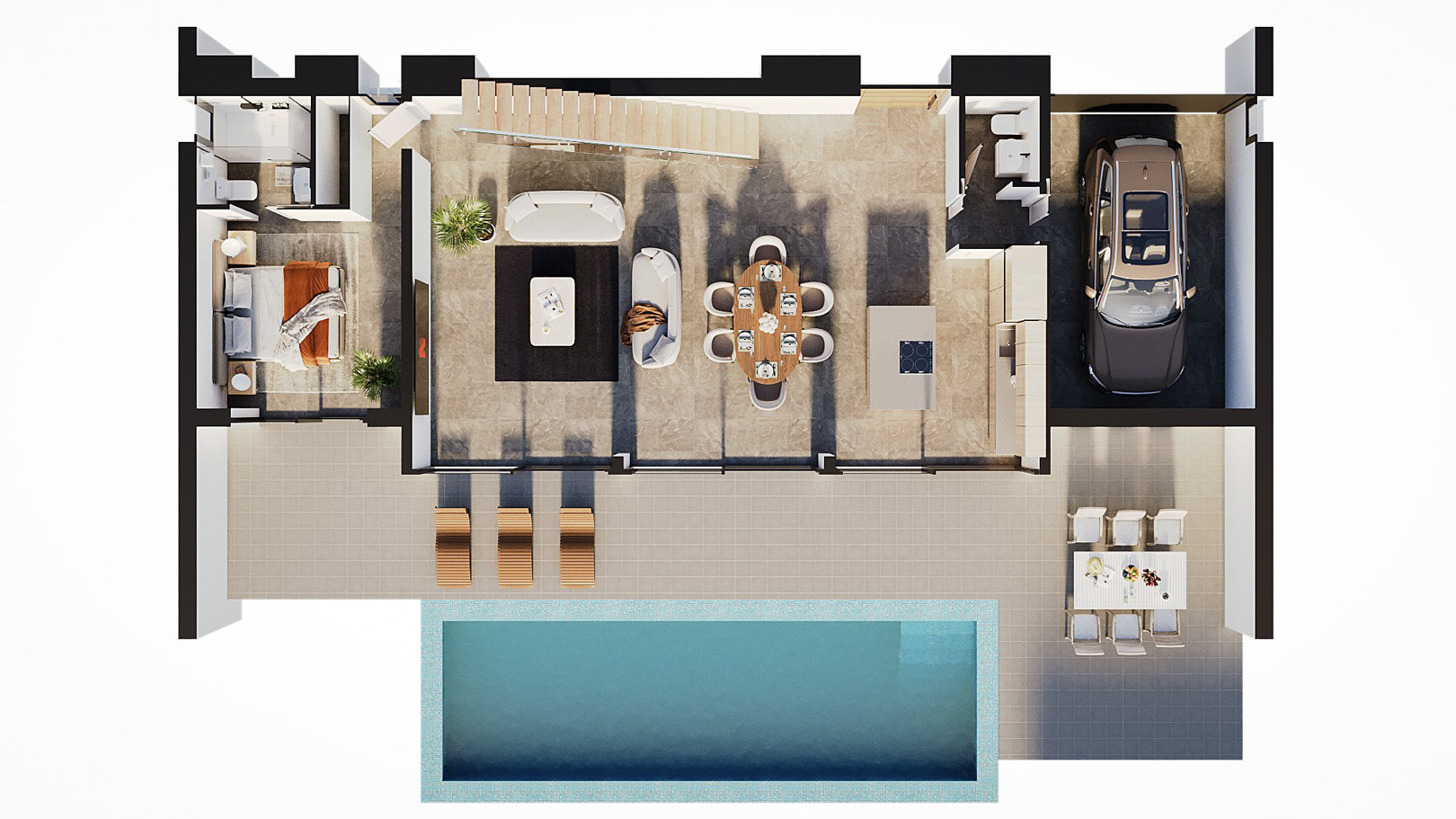 3D-Grundriss des Erdgeschosses mit offenem Wohn-Essbereich, Kochinsel, Schlafzimmer mit Bad en Suite, Garage und Terrasse mit privatem Pool.