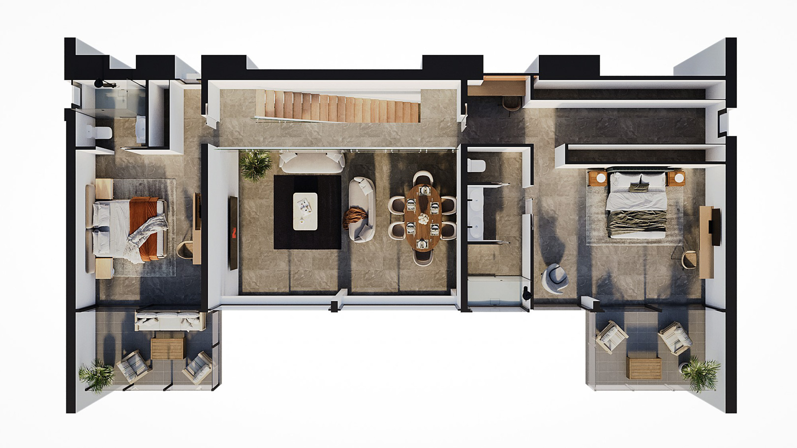3D-Grundriss des Obergeschosses mit zwei Schlafzimmern en suite, privaten Terrassen, Ankleidezimmer und einem zentralen Wohnbereich mit großformatigen Steinfliesen.