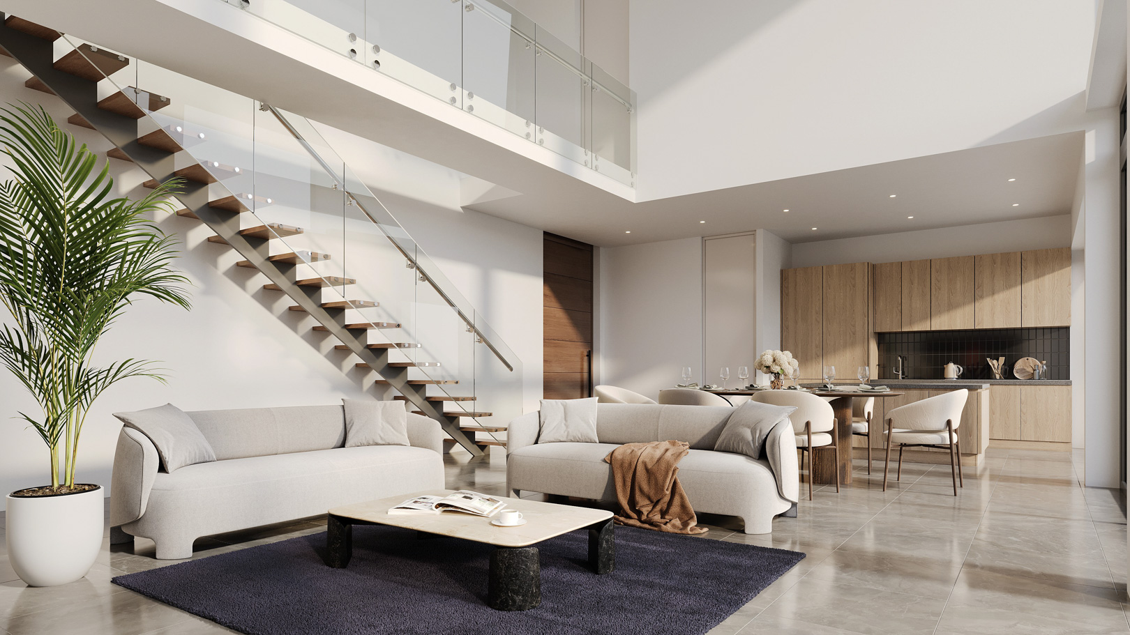 Lichtdurchfluteter Wohnbereich mit doppelter Deckenhöhe, freischwebender Holztreppe und offener Designerküche mit Fronten in natürlicher Holzoptik.