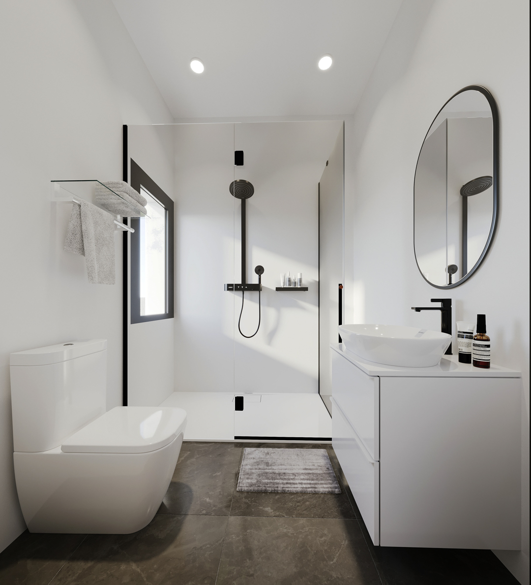 Modernes Badezimmer mit begehbarer Dusche, mattschwarzen Armaturen, weißem Waschtisch und dunklen Bodenfliesen für ein zeitgemäßes Design.