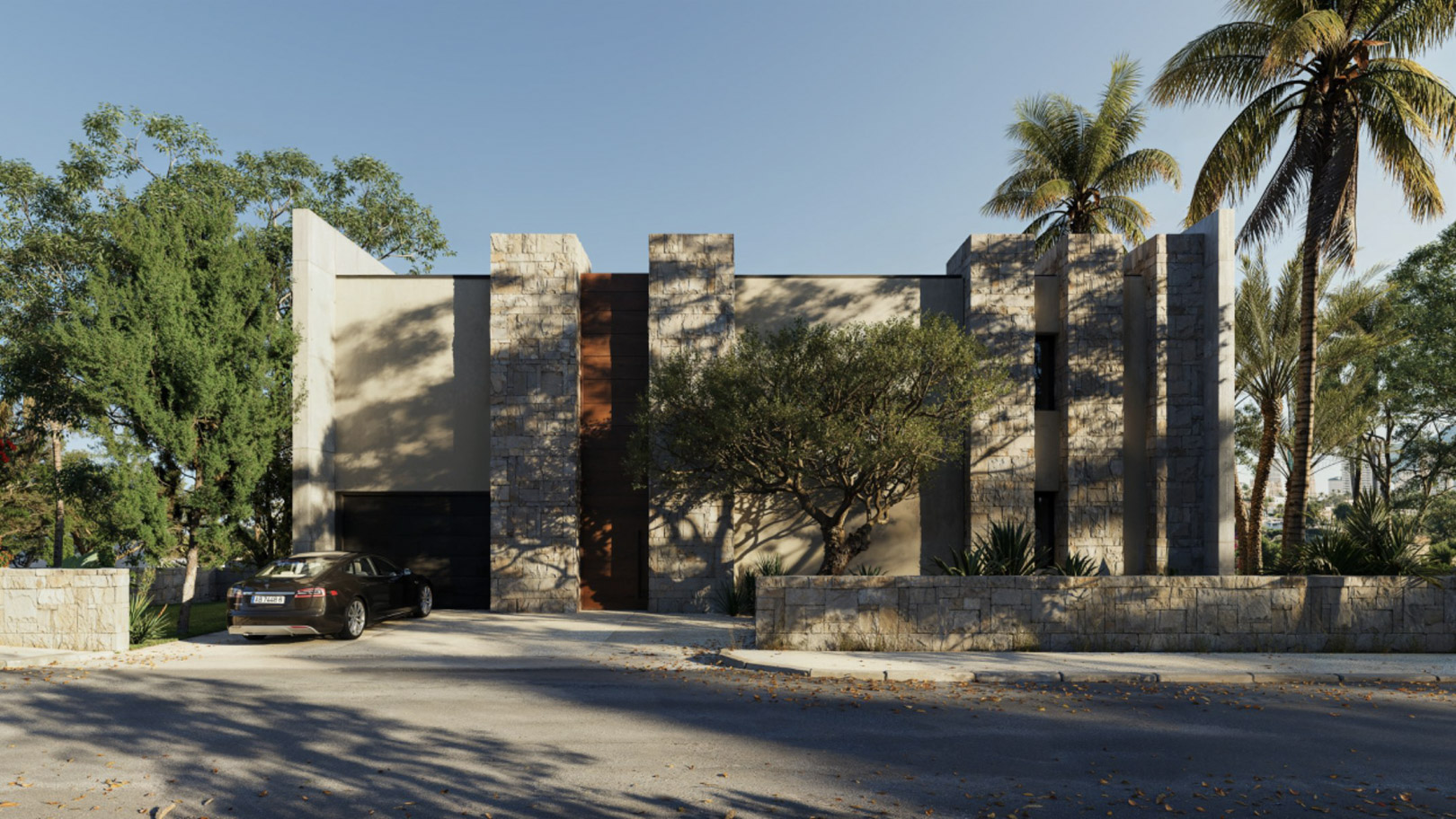 Zeitgenössische Hauptfassade mit Natursteinsäulen, glatten Oberflächen und einem mediterranen Garten mit Olivenbäumen und Palmen.