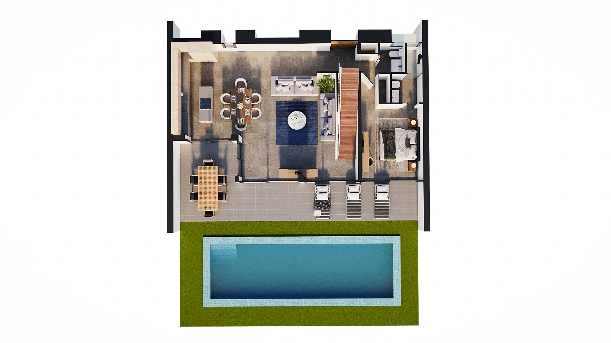 3D-Grundriss des Erdgeschosses mit offenem Wohnkonzept, Küche mit Insel, Schlafzimmer mit Bad en Suite sowie Außenbereich mit Terrasse und Pool.