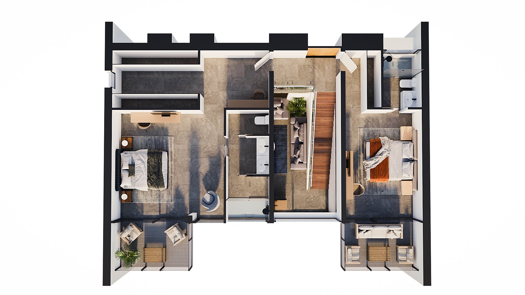 3D-Grundriss des Obergeschosses mit zwei Schlafzimmern inklusive En-Suite-Bädern, begehbarem Kleiderschrank, Holztreppe und privaten, möblierten Terrassen.