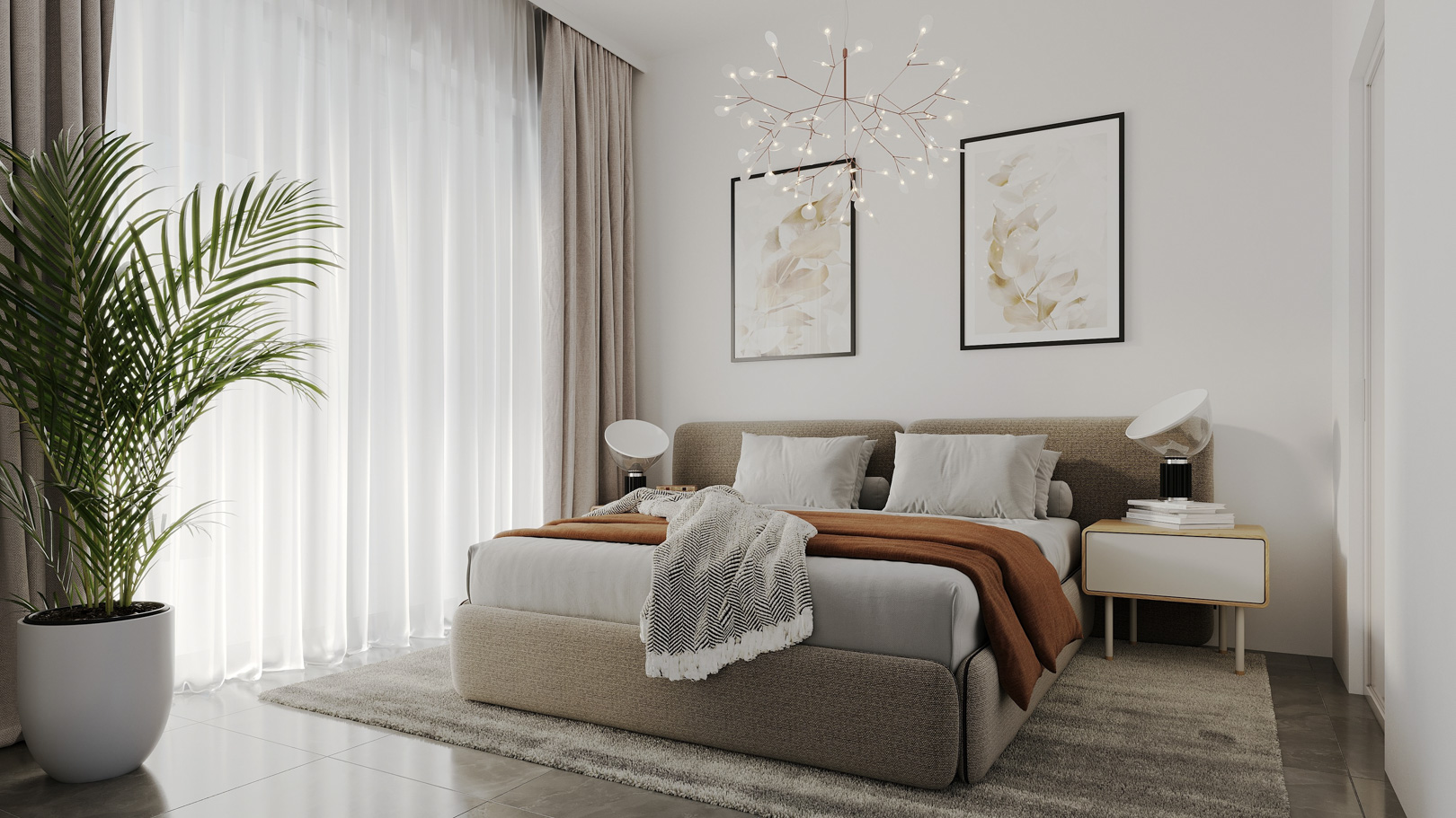 Hauptschlafzimmer mit Polsterbett, modernem Ast-Kronleuchter und bodentiefen Fenstern. Die Gestaltung besticht durch Naturtöne, Feinsteinzeugböden und dezente Lichtakzente.