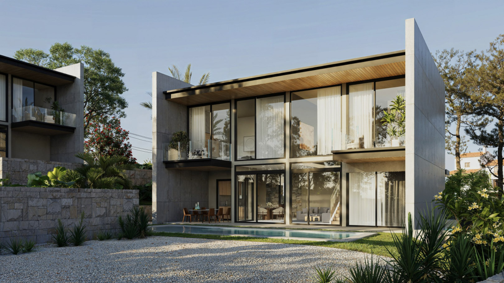 Moderne Beton- und Glasfassade mit bodentiefen Fenstern, privaten Balkonen und einem rechteckigen Pool, eingebettet in einen mediterranen Garten mit Natursteinmauern.