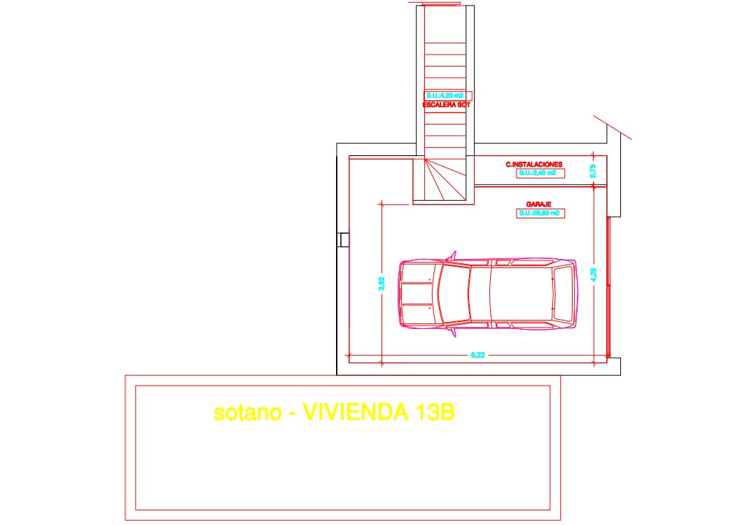 Technischer Grundriss des Untergeschosses mit einer 26,83 m² großen Garage, einem Installationsraum und einer Treppe zum Wohnbereich.