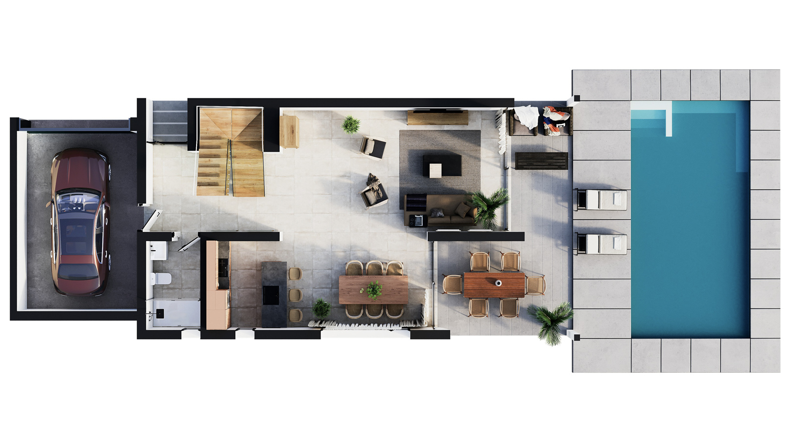 3D-Grundriss des Erdgeschosses mit offenem Wohnkonzept, Küche mit Insel, Garage und Außenbereich inklusive Terrasse und privatem Schwimmbecken.