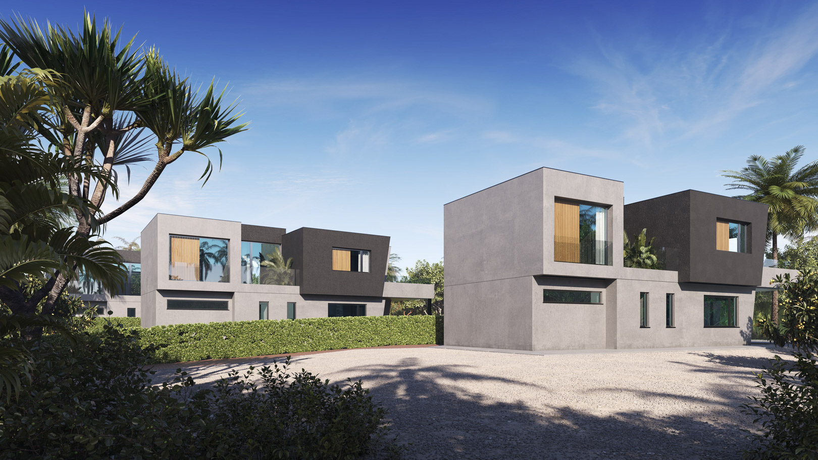 Außenansicht der drei modernen Villen mit minimalistischen Betonfassaden, dunklen Akzenten und mediterraner Bepflanzung an einer Kiesauffahrt.