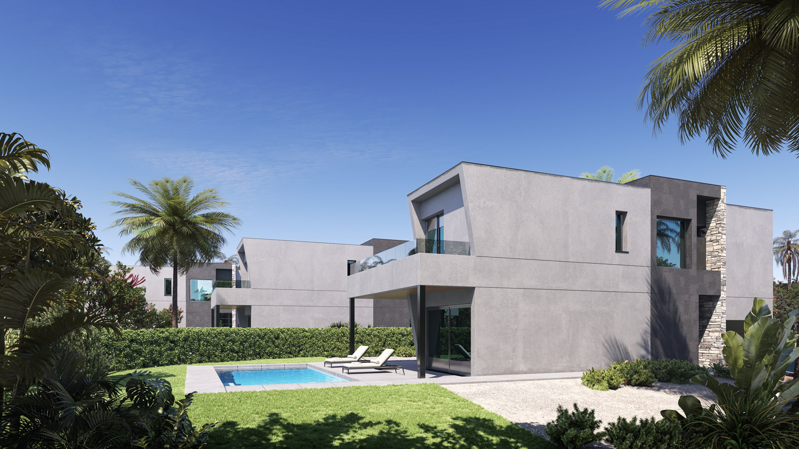 Außenansicht der modernen Villa mit grauer Fassade, privatem Pool und Terrasse. Die Architektur besticht durch klare Linien, Natursteinakzente und eine gepflegte Gartenanlage.