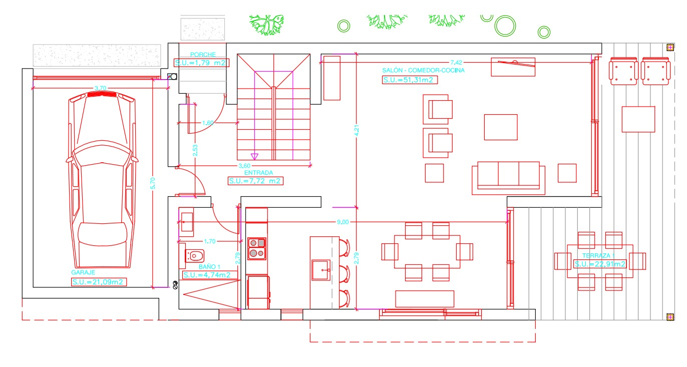 Grundriss des Erdgeschosses mit einem 51,31 m² großen offenen Wohnbereich, Küche mit Insel, Garage und einer großzügigen Terrasse von 22,91 m².