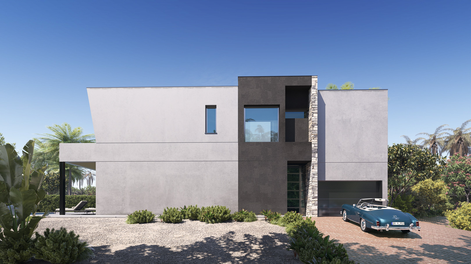 Moderne Villenfassade mit geometrischen Linien und Natursteinakzenten. Verfügt über eine integrierte Garage und einen mediterran gestalteten Garten mit Kies.