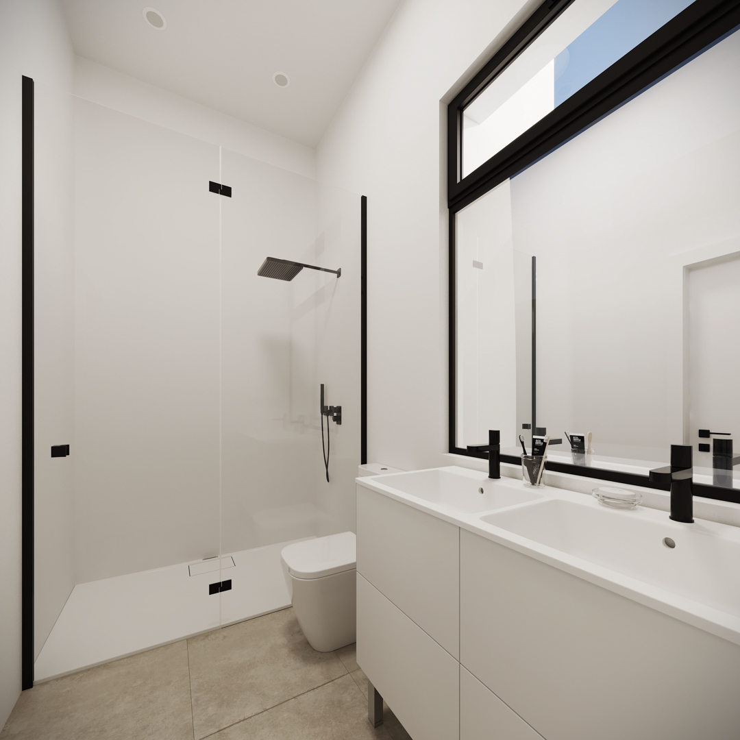Modernes Badezimmer mit weißem Doppelwaschtisch, mattschwarzen Armaturen und begehbarer Dusche. Neutrale Bodenfliesen und minimalistische Deckeneinbaustrahler.