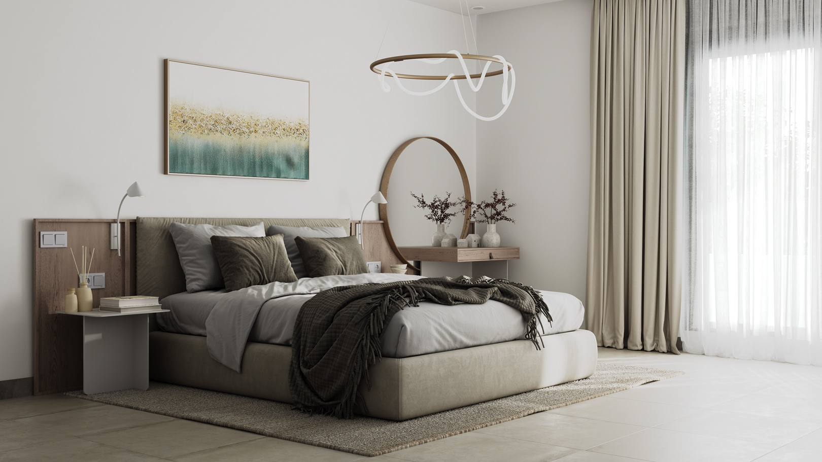 Modernes Hauptschlafzimmer mit integriertem Kopfteil aus Holz, Schminktisch mit Rundspiegel und bodentiefen Fenstern für viel Tageslicht.