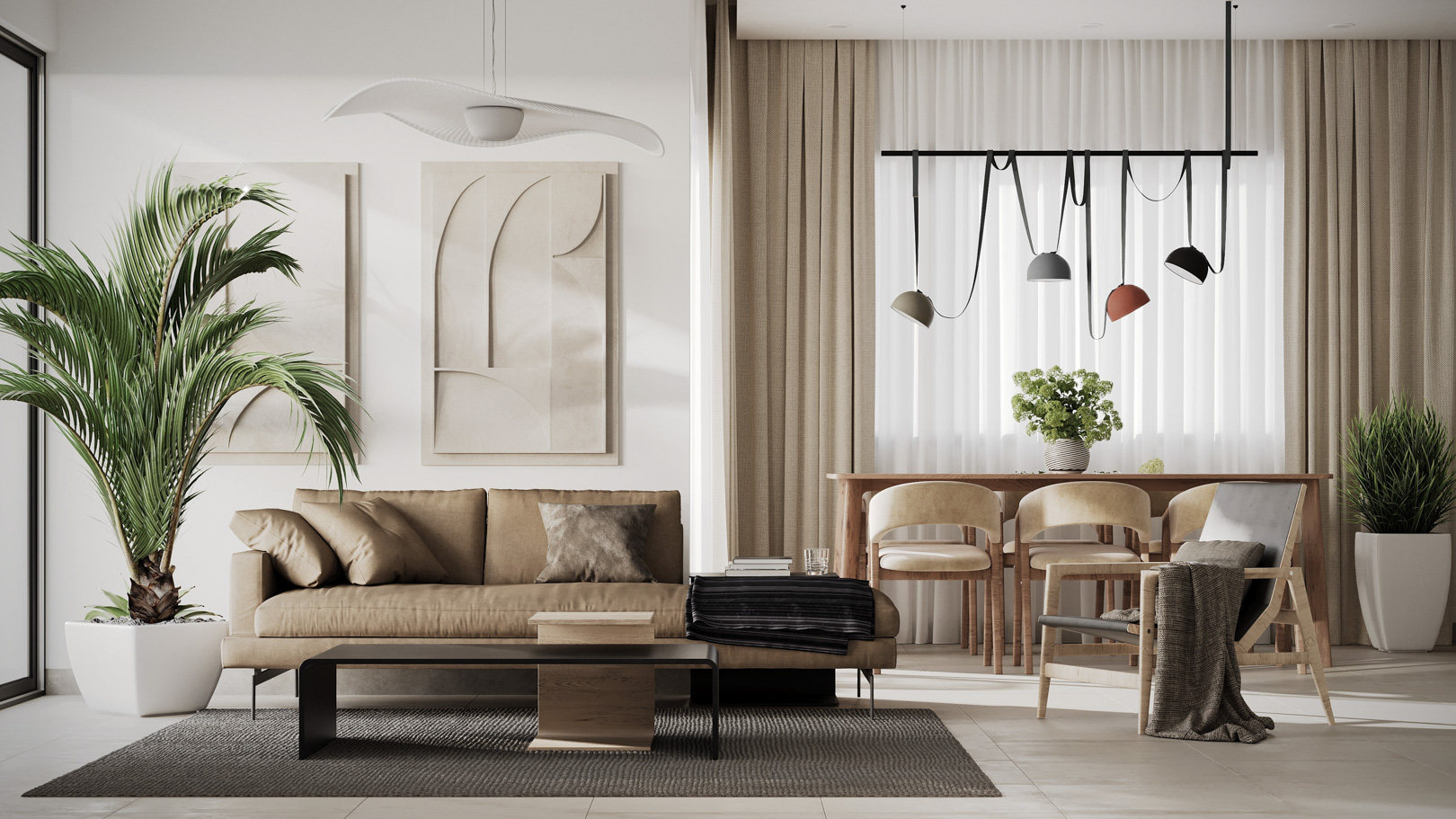 Offener Wohn- und Essbereich mit erdfarbenem Sofa, minimalistischer Wandkunst, Designer-Pendelleuchten und großen Fenstern mit hellen Vorhängen.