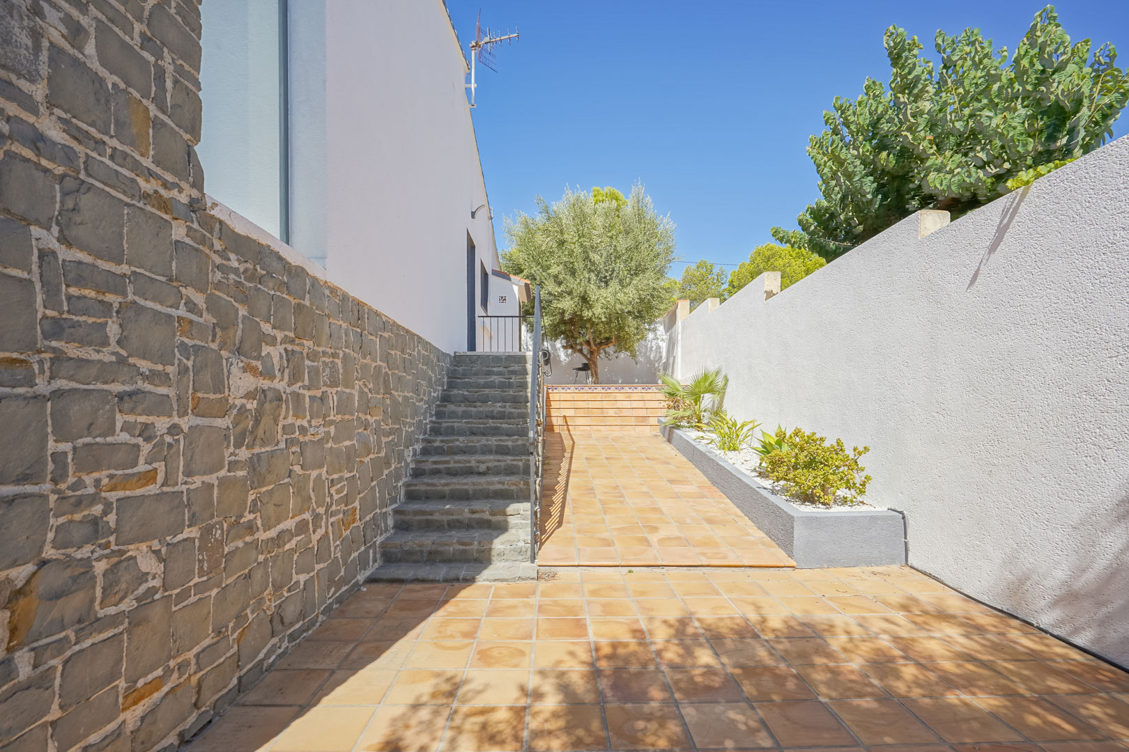 Außenbereich mit Natursteintreppe, gemauerten Wänden und Terrakotta-Fliesen, die zu einem mediterranen Garten mit Olivenbaum führen.