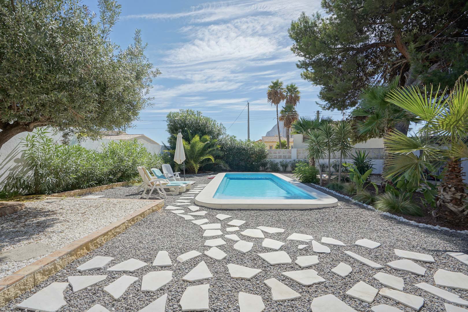 Rechteckiger Pool in einem mediterranen Garten mit Olivenbäumen und Palmen. Ein unregelmäßiger Steinpfad führt über Kies zum Liegebereich.
