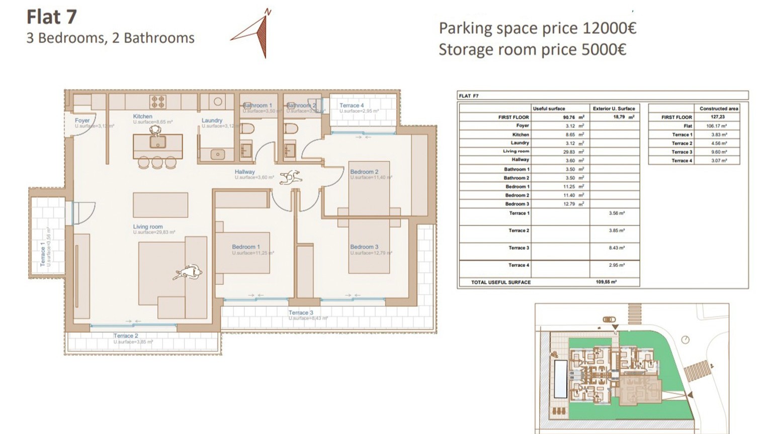 Detaillierter Grundriss von Wohnung 7 mit drei Schlafzimmern, zwei Bädern, Kochinsel und vier Terrassen auf einer Gesamtnutzfläche von 109,55 m².