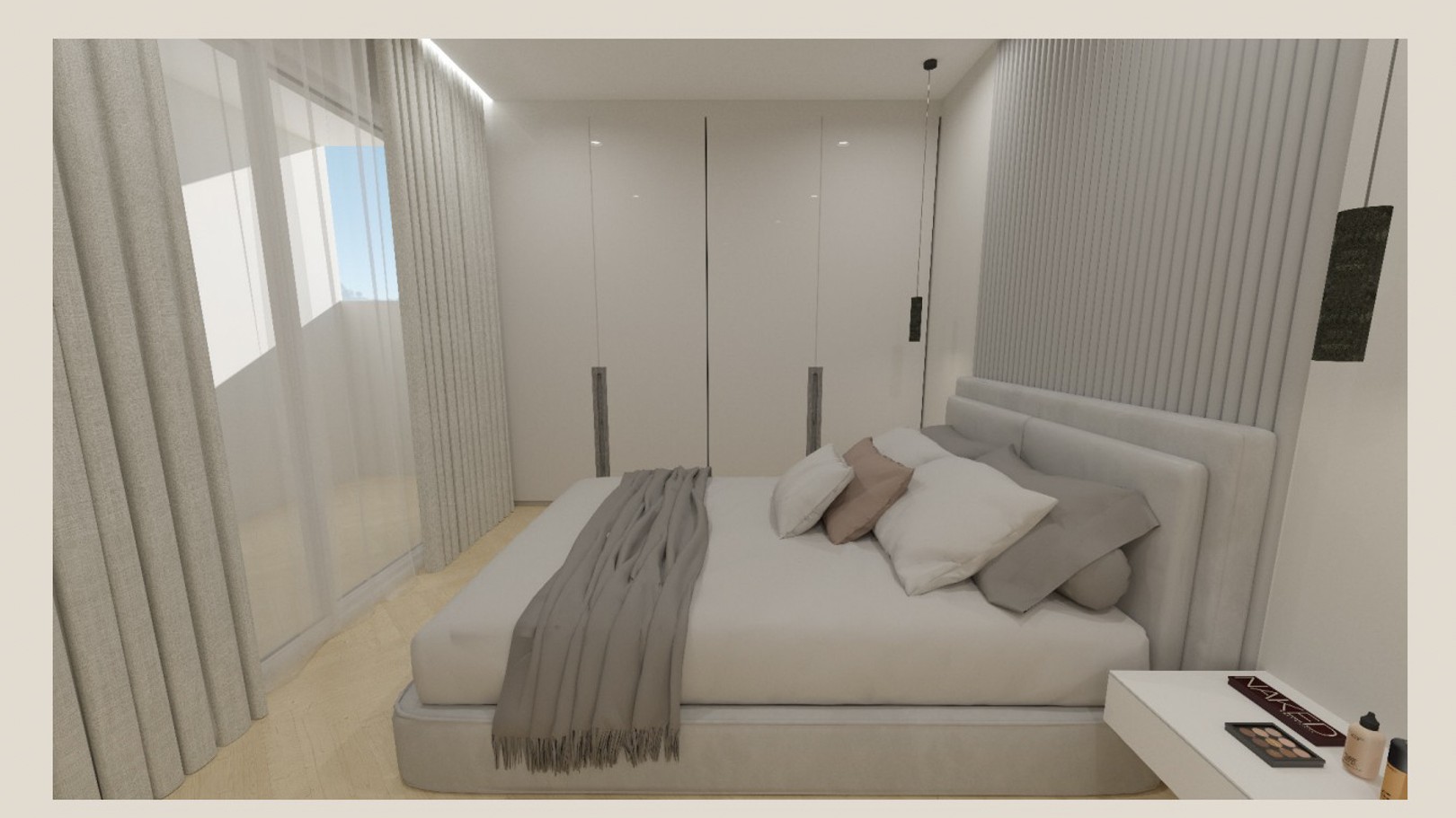 Hauptschlafzimmer mit raumhohen Einbauschränken, einer vertikal lamellierten Akzentwand und direktem Zugang zur Terrasse durch große Glastüren.