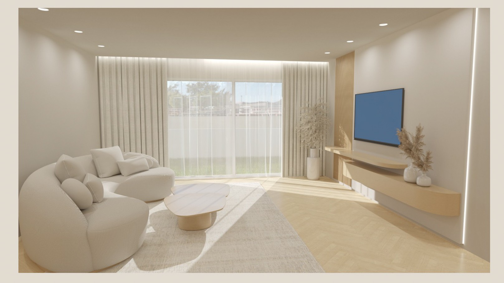 Minimalistisches Wohnzimmer mit hellem Fischgrätparkett, geschwungenem Sofa und großen Glasschiebetüren. Mit Holzpaneelen und schwebenden Regalen gestaltet.