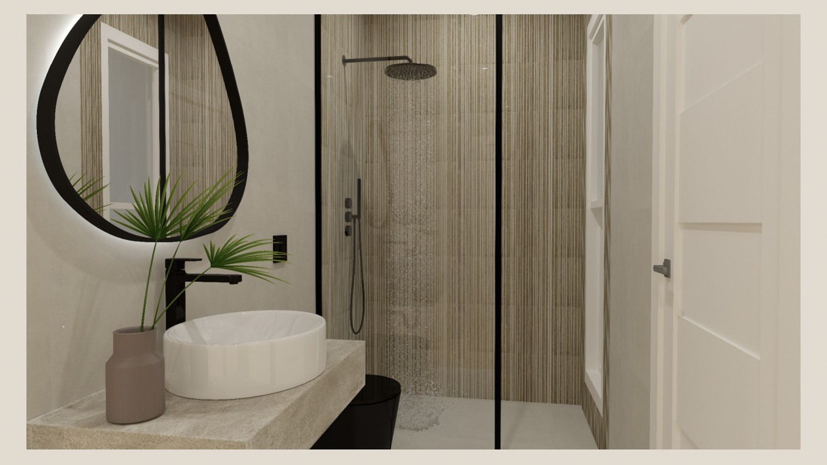 Modernes Badezimmer mit Aufsatzwaschbecken auf Steinkonsole, organisch geformtem, hinterleuchtetem Spiegel und begehbarer Dusche mit strukturierten Fliesen.