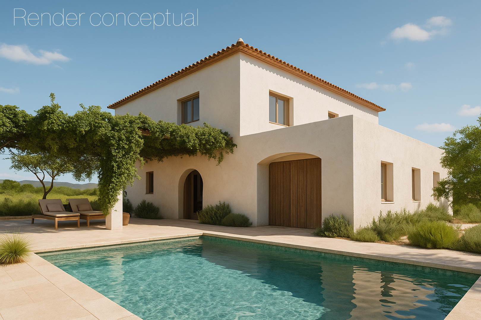 Konzeptueller Entwurf einer mediterranen Finca mit heller Fassade, rechteckigem Pool und einer von Kletterpflanzen bewachsenen Pergola auf ebenem Grundstück.