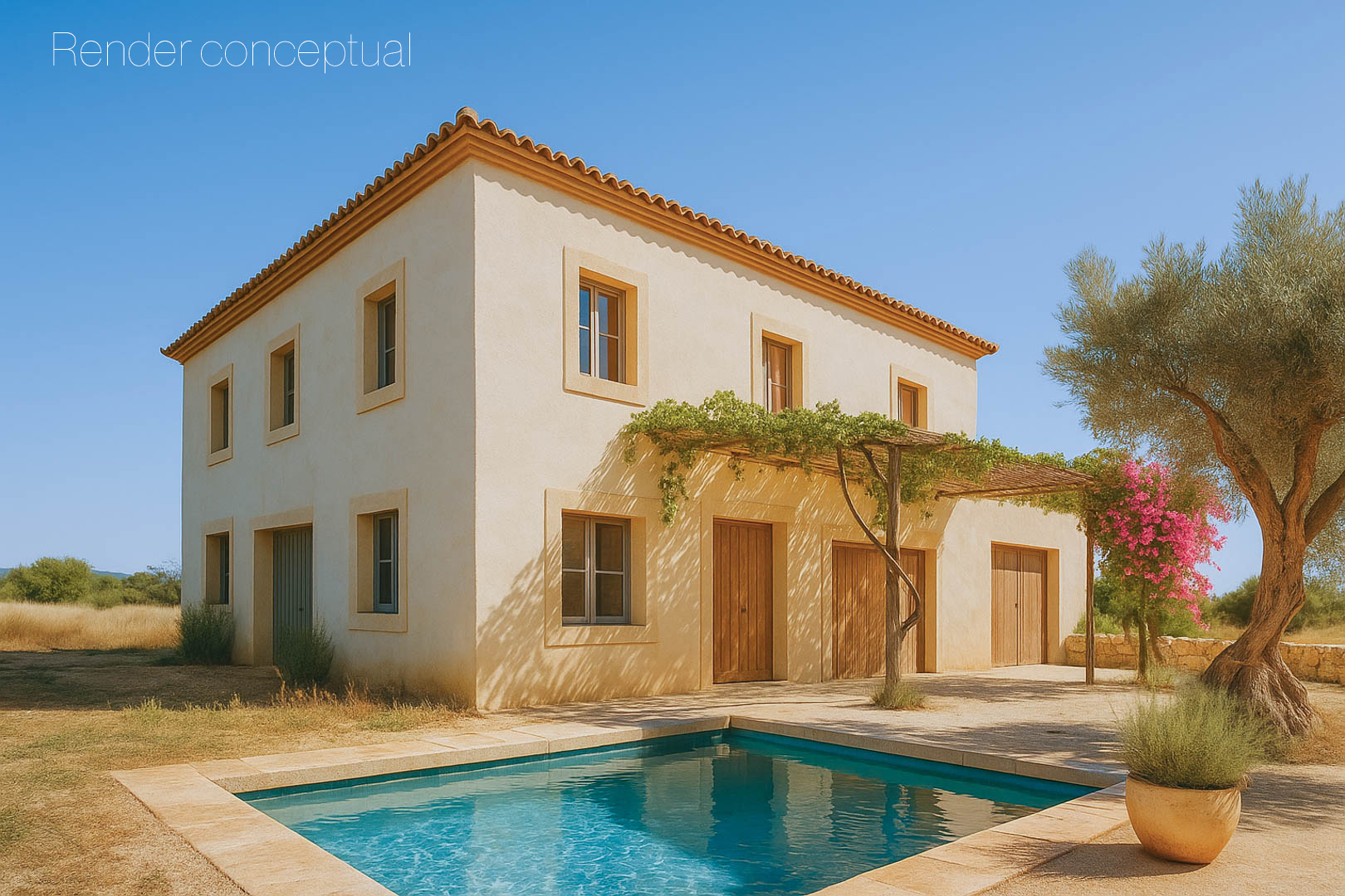 Konzeptueller Entwurf einer mediterranen Finca mit sandfarbener Fassade, rechteckigem Pool und rustikaler Holzpergola in einer Gartenanlage mit Olivenbäumen.