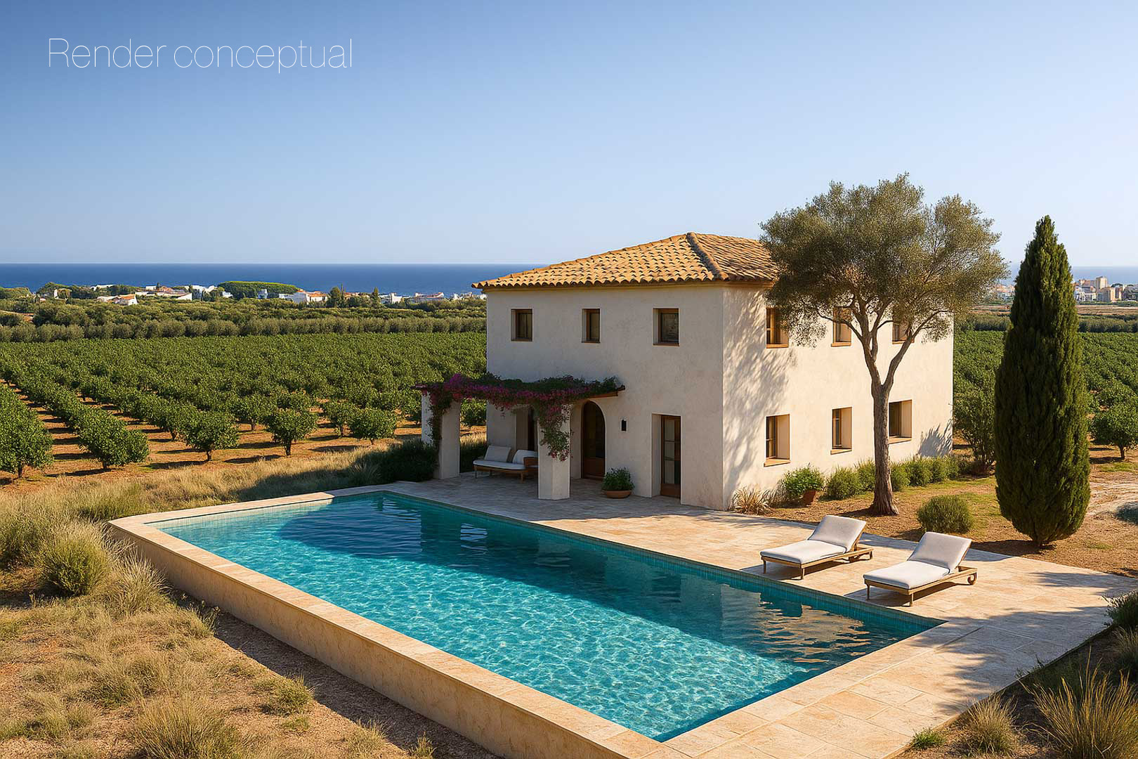 Konzeptueller Entwurf eines mediterranen Landhauses mit Pool, Steinterrasse und Panoramablick über Plantagen bis hin zum Meer in Dénia.
