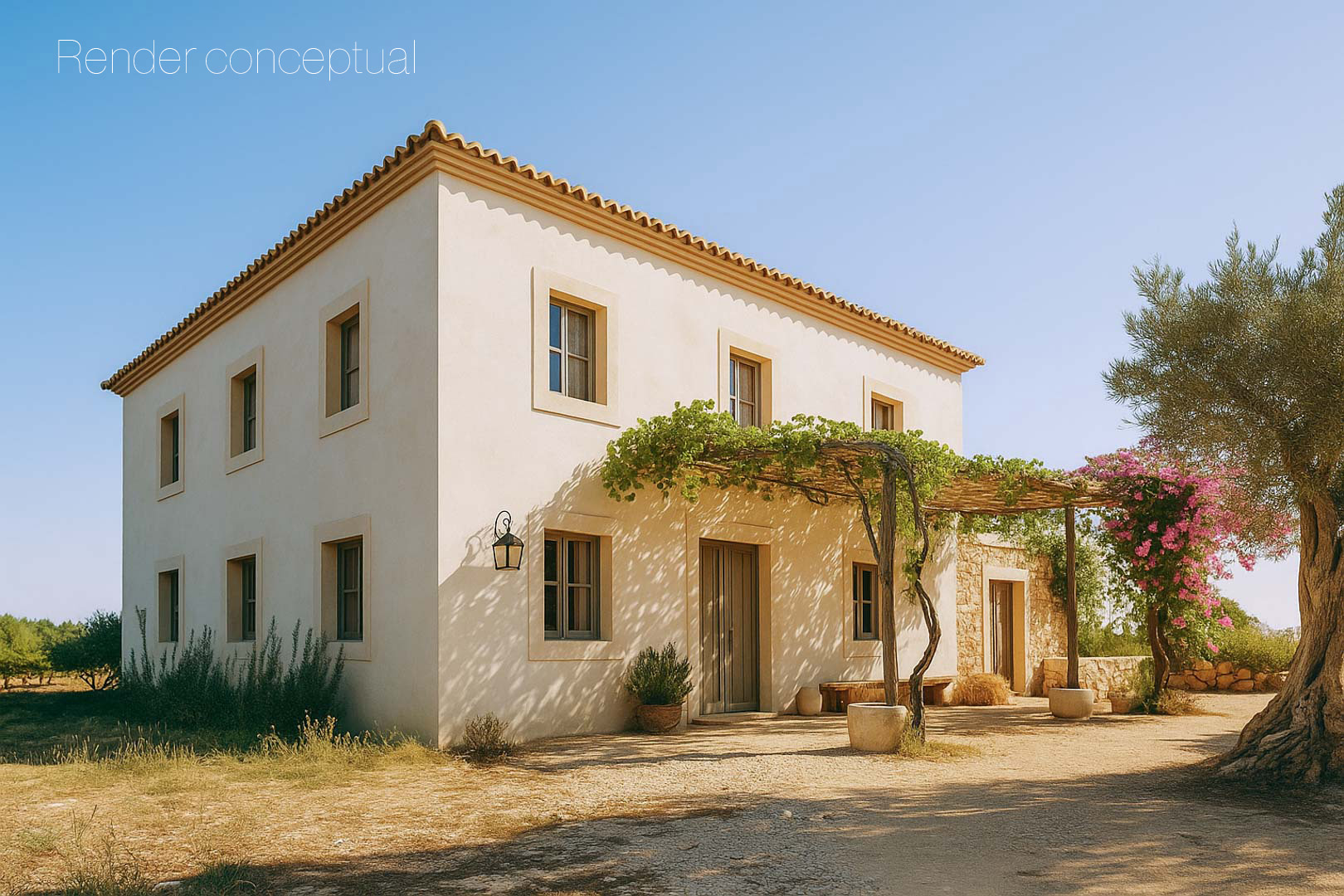 Konzeptueller Entwurf eines zweistöckigen Landhauses mit cremefarbener Fassade, bewachsener Pergola und Olivenbäumen in einer mediterranen Umgebung.