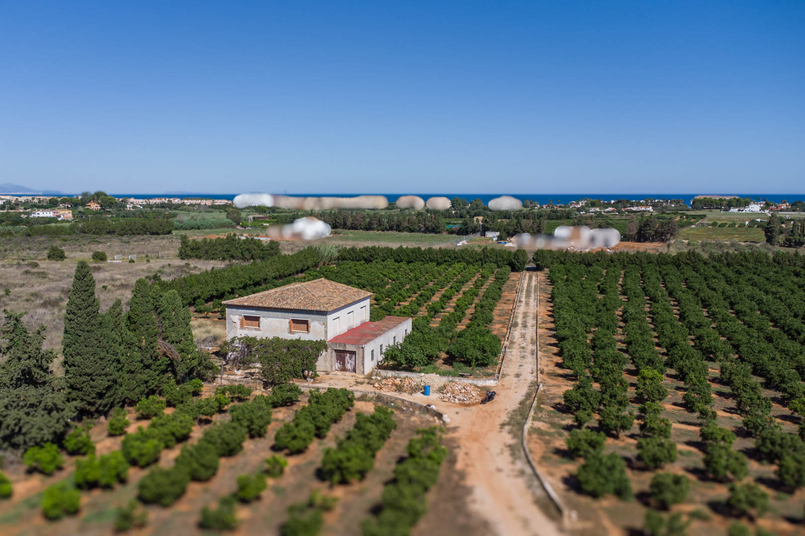 Luftaufnahme des Landhauses inmitten weitläufiger Zitrusplantagen, mit Blick auf das Mittelmeer am Horizont und privatem Zufahrtsweg.