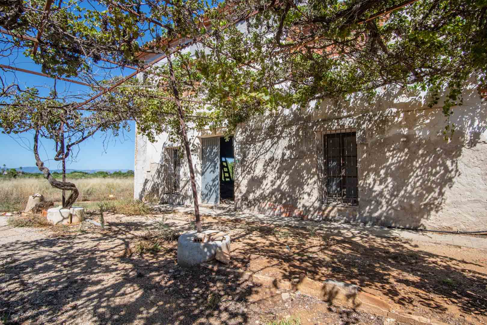 Rustikale Fassade mit einer natürlichen Weinlaube, die den Eingang beschattet, sowie traditionellen vergitterten Fenstern und Blick auf die umliegende Landschaft.