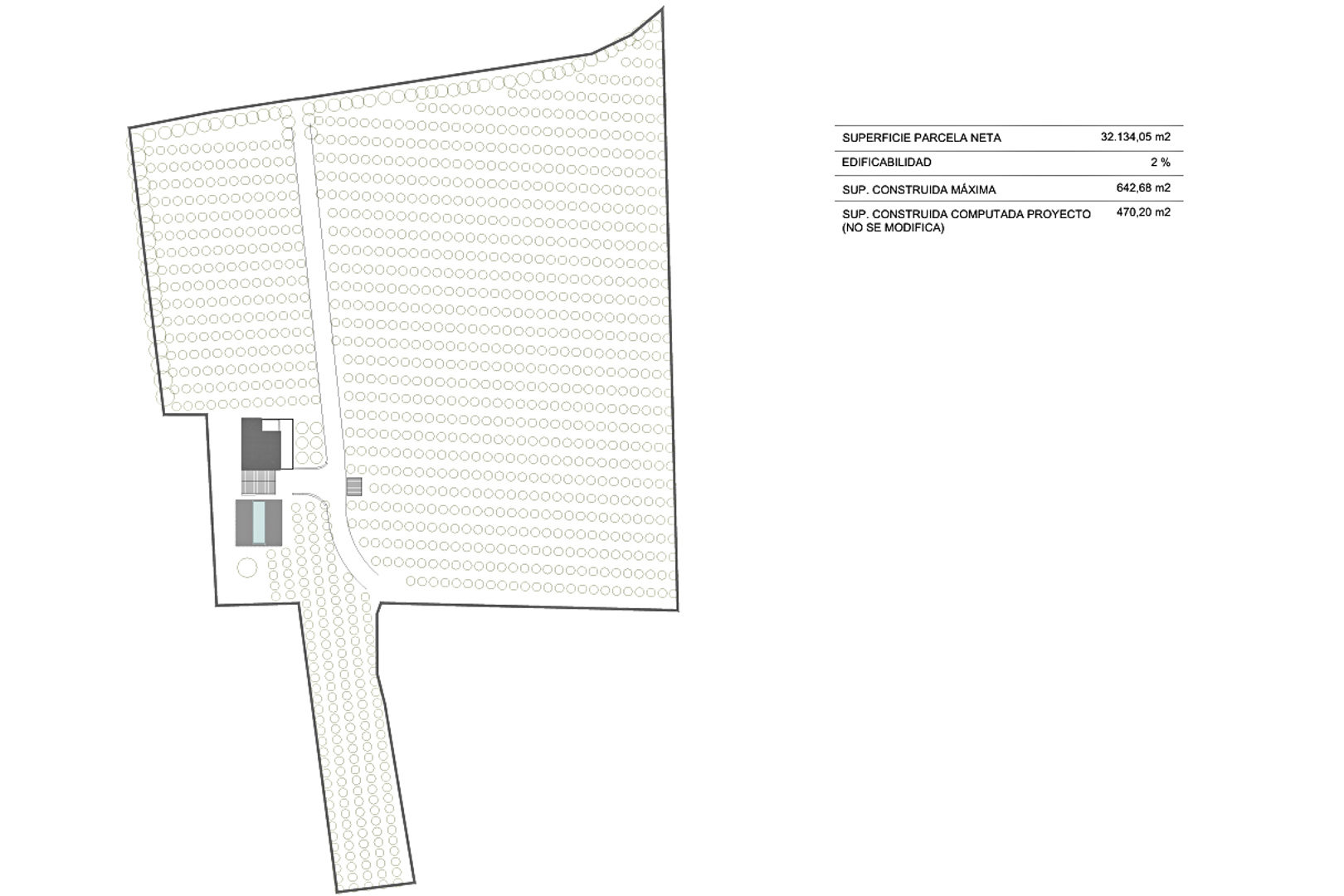 Technischer Lageplan des 32.134 m² großen Grundstücks mit Angaben zur 2%igen Bebaubarkeit und einer maximalen Baufläche von 642,68 m².