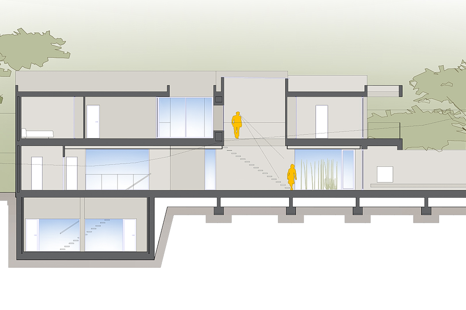 Architektonischer Querschnitt des Vorprojekts, der die Aufteilung auf drei Ebenen zeigt, einschließlich Keller, großer Fensterfronten und Innentreppen.