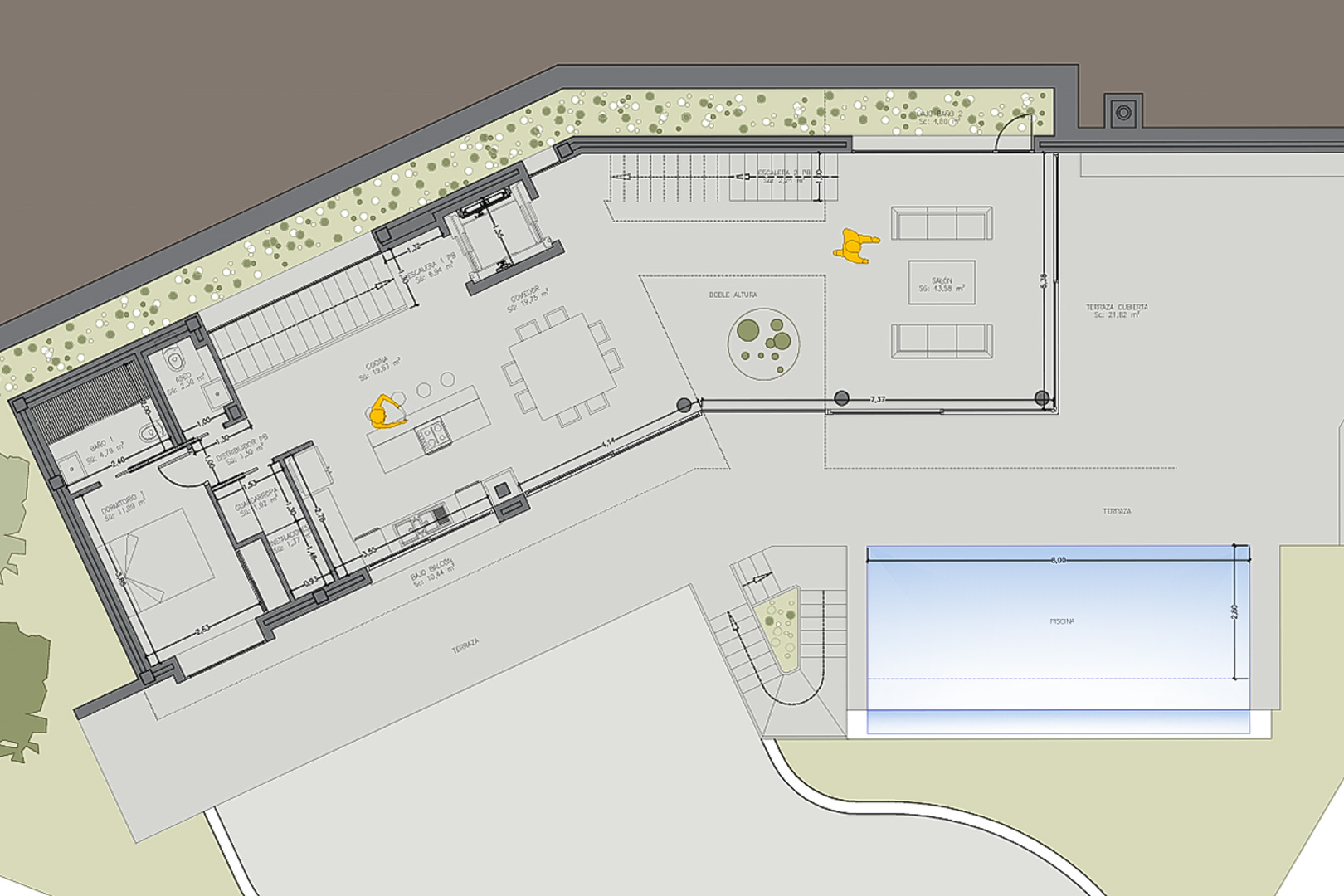 Detaillierter Grundriss des Erdgeschosses mit offenem Wohn- und Essbereich, Küche mit Kochinsel, Schlafzimmer mit Bad en Suite und Terrasse mit privatem Pool.