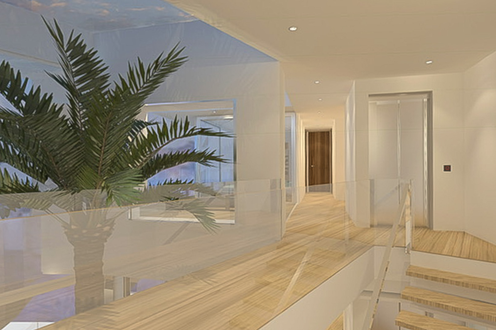 Flur im Obergeschoss mit hellem Holzparkett, Glasgeländer und integriertem Aufzug. Ein verglastes Atrium mit Palme und Deckeneinbaustrahlern prägt das moderne Design.