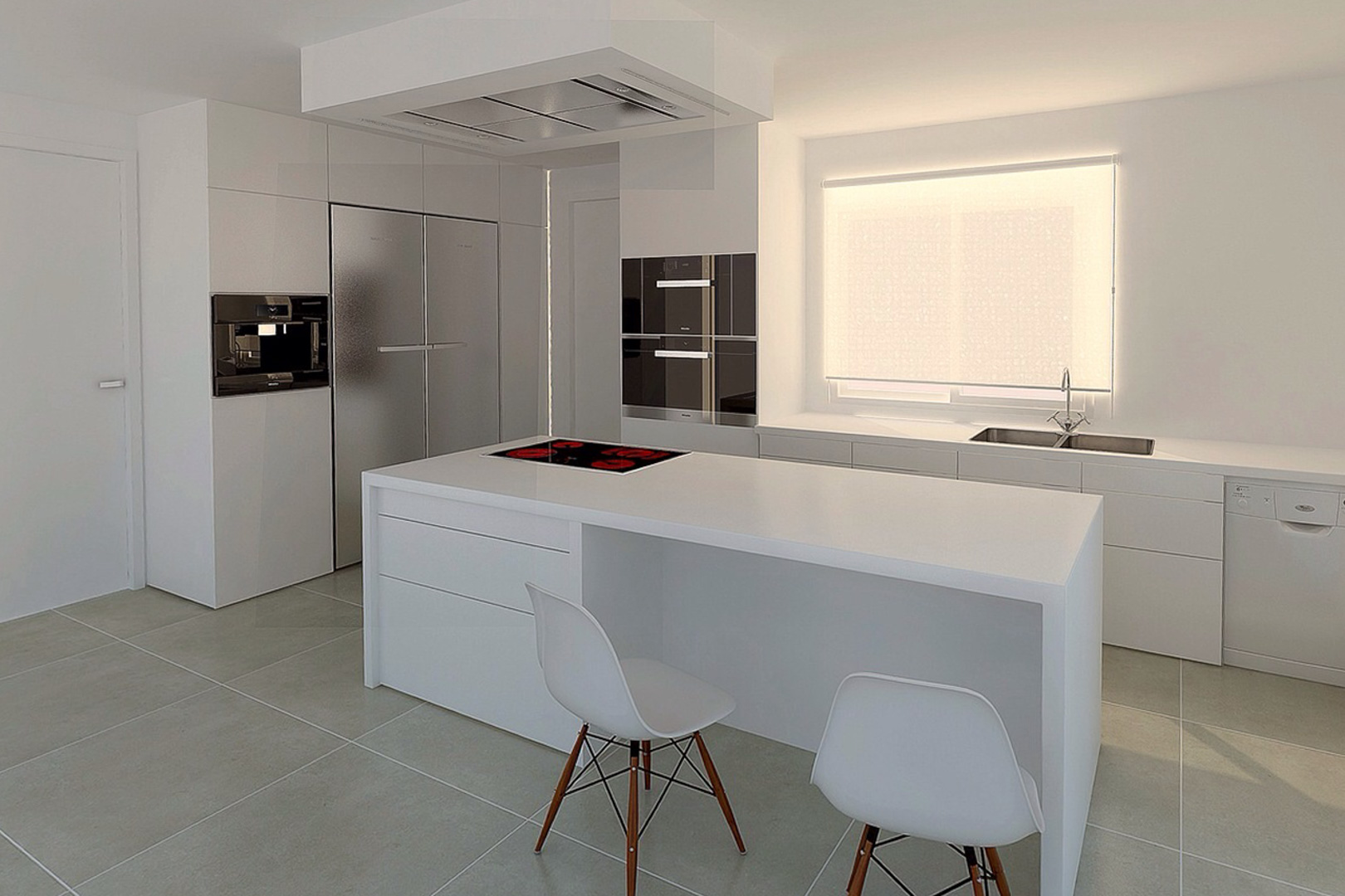 Moderne minimalistische Küche mit Kochinsel, Induktionskochfeld und integrierten High-End-Geräten in elegantem Weiß und Edelstahlelementen.