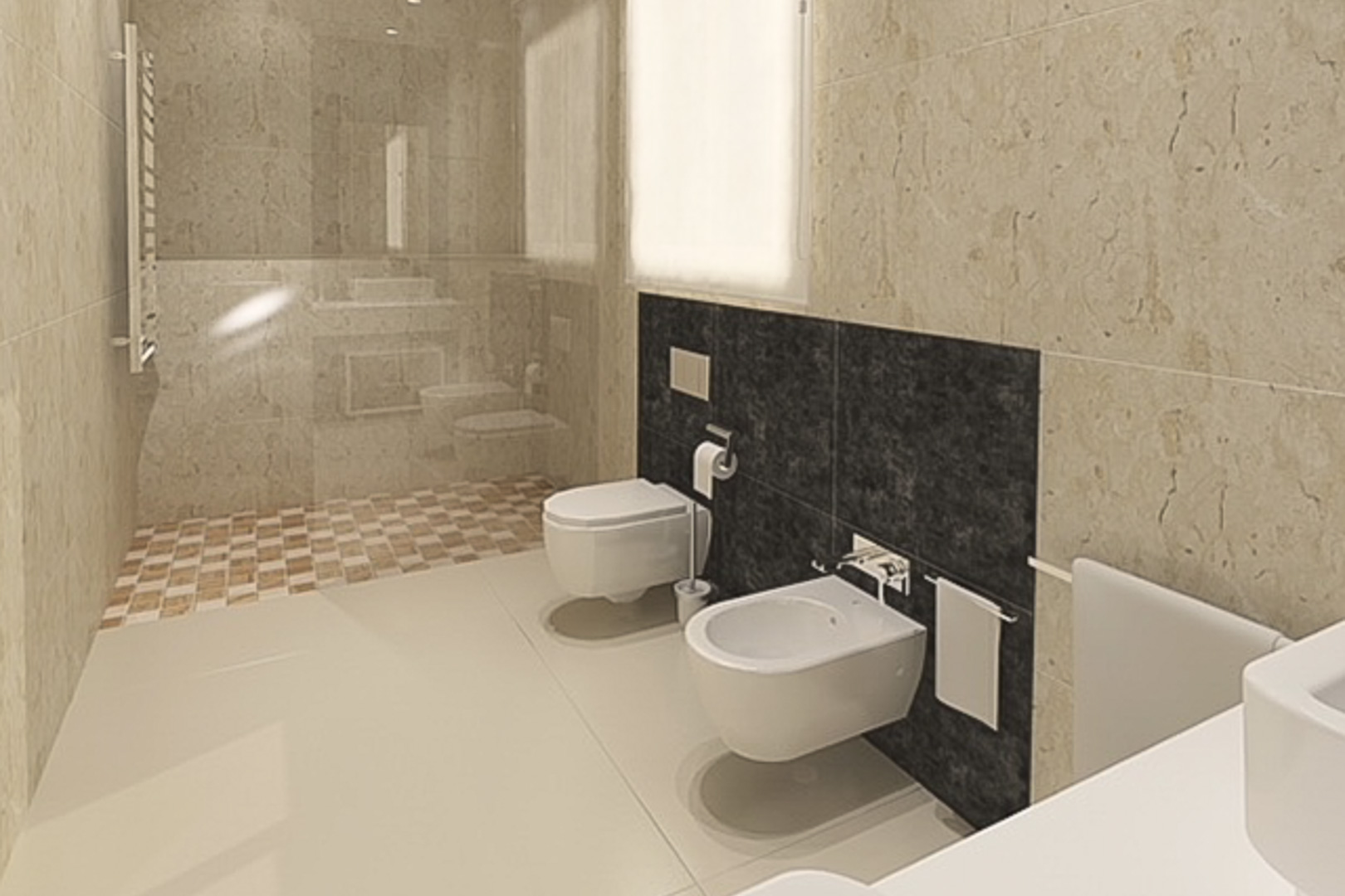 Modernes Badezimmer mit wandhängendem WC und Bidet vor dunkler Akzentwand, ebenerdiger Dusche mit Mosaikboden und Wandfliesen in Marmoroptik.