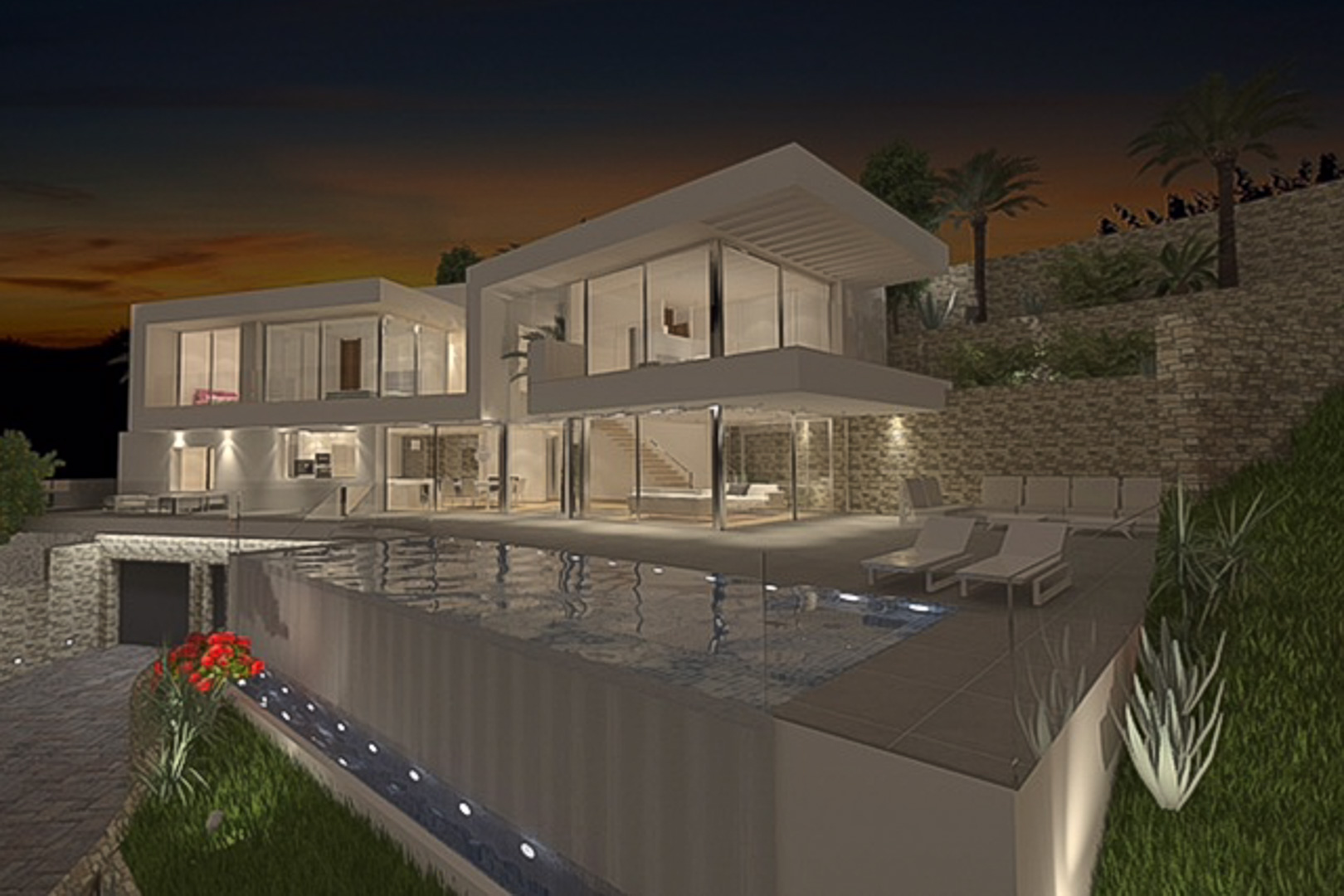 Nachtansicht des modernen Villenprojekts mit Infinity-Pool, bodentiefen Glasfronten und terrassierten Natursteinmauern.