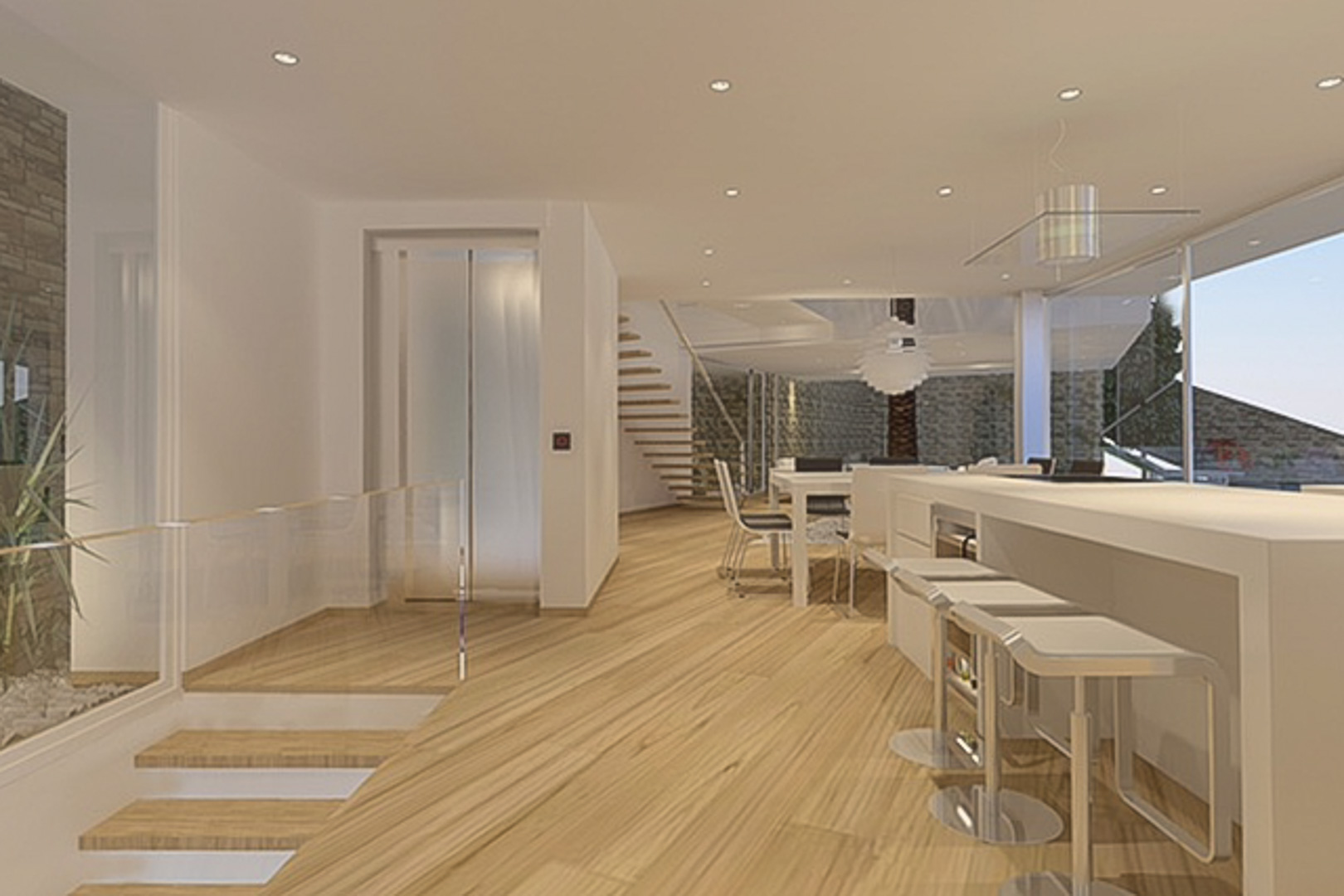 Offener Wohnbereich mit moderner Kücheninsel, Glasaufzug und freischwebender Holztreppe. Natursteinwände und Einbaustrahler betonen das zeitgenössische Design.